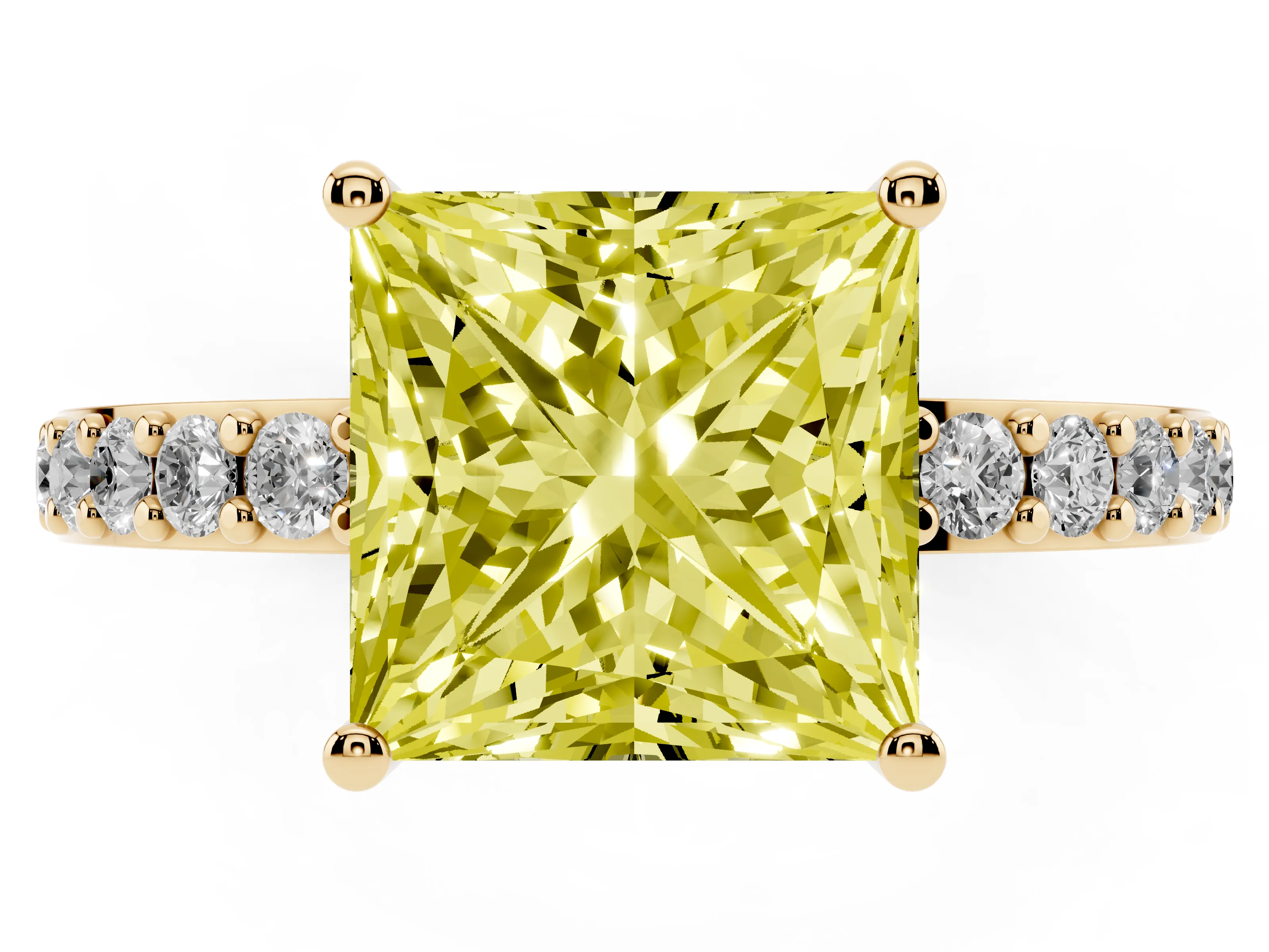 Fancy Yellow Princess Cut Diamond Solitaire Set in Yellow gold with Round Pavé Band and Prong Setting