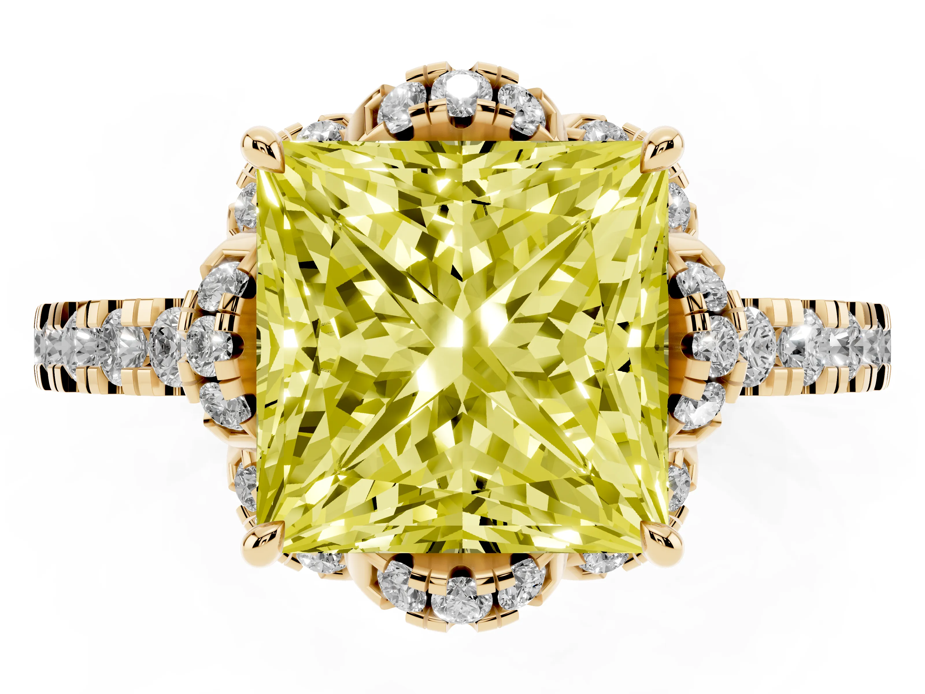 Fancy Yellow Princess Cut Diamond Halo Pavé Band Ring Set in Yellow gold with Prong-Held Center