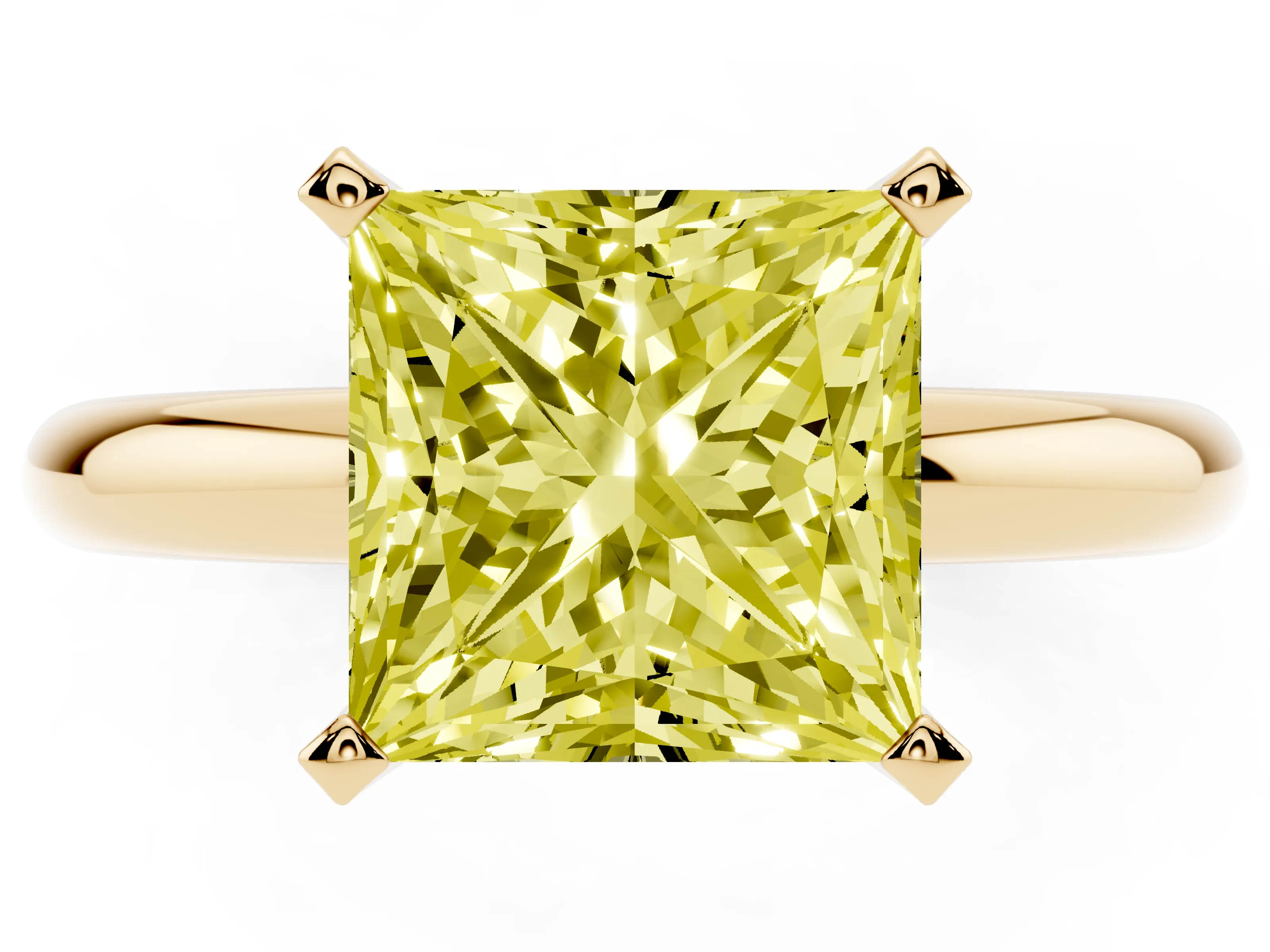 Fancy Yellow Princess Cut Diamond Solitaire Engagement Ring Set in Yellow gold with Round Band and Prong Setting