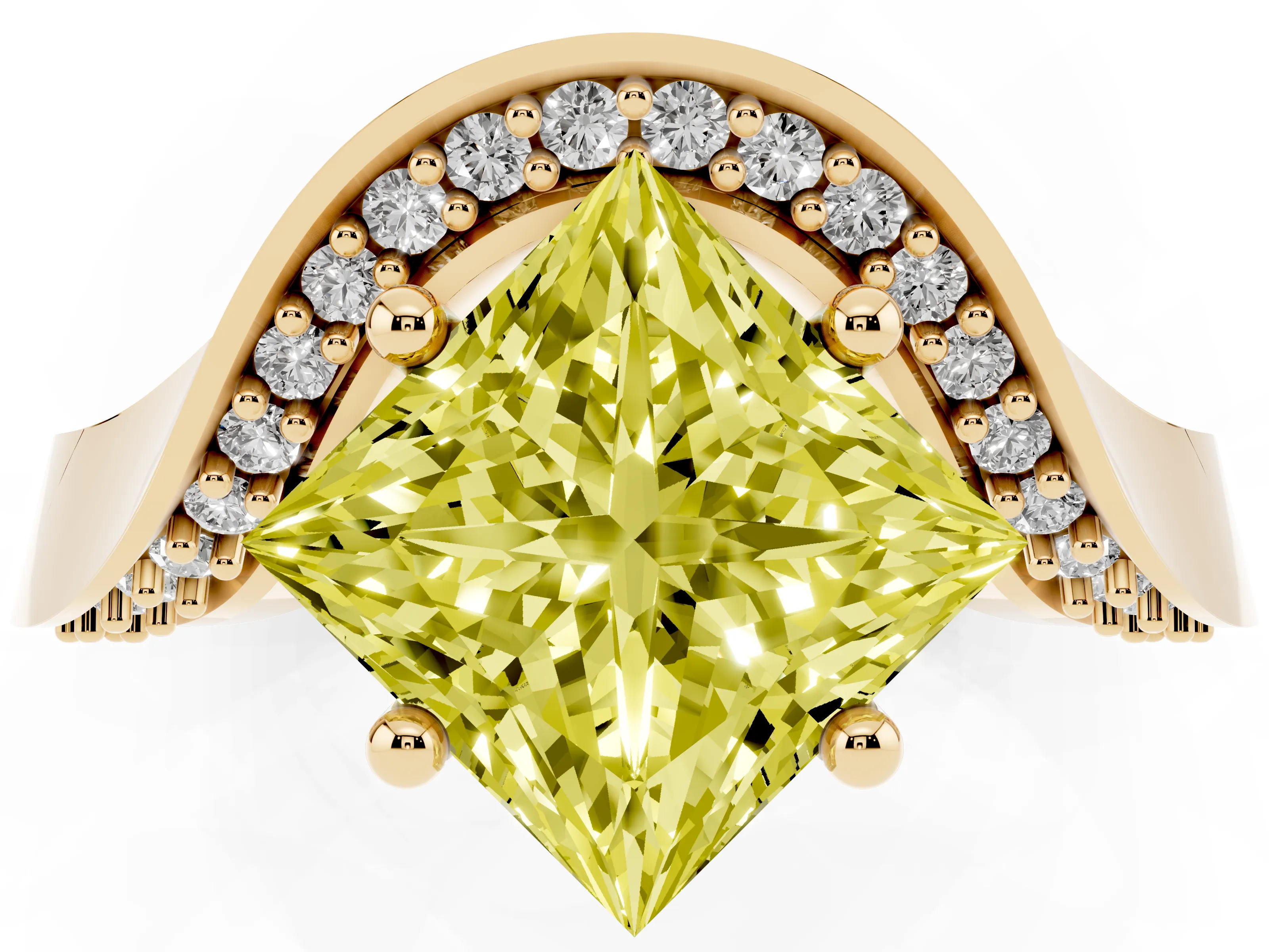 Fancy Yellow Princess Cut Diamond Solitaire Engagement Ring Set in Yellow gold with Pavé Shoulders