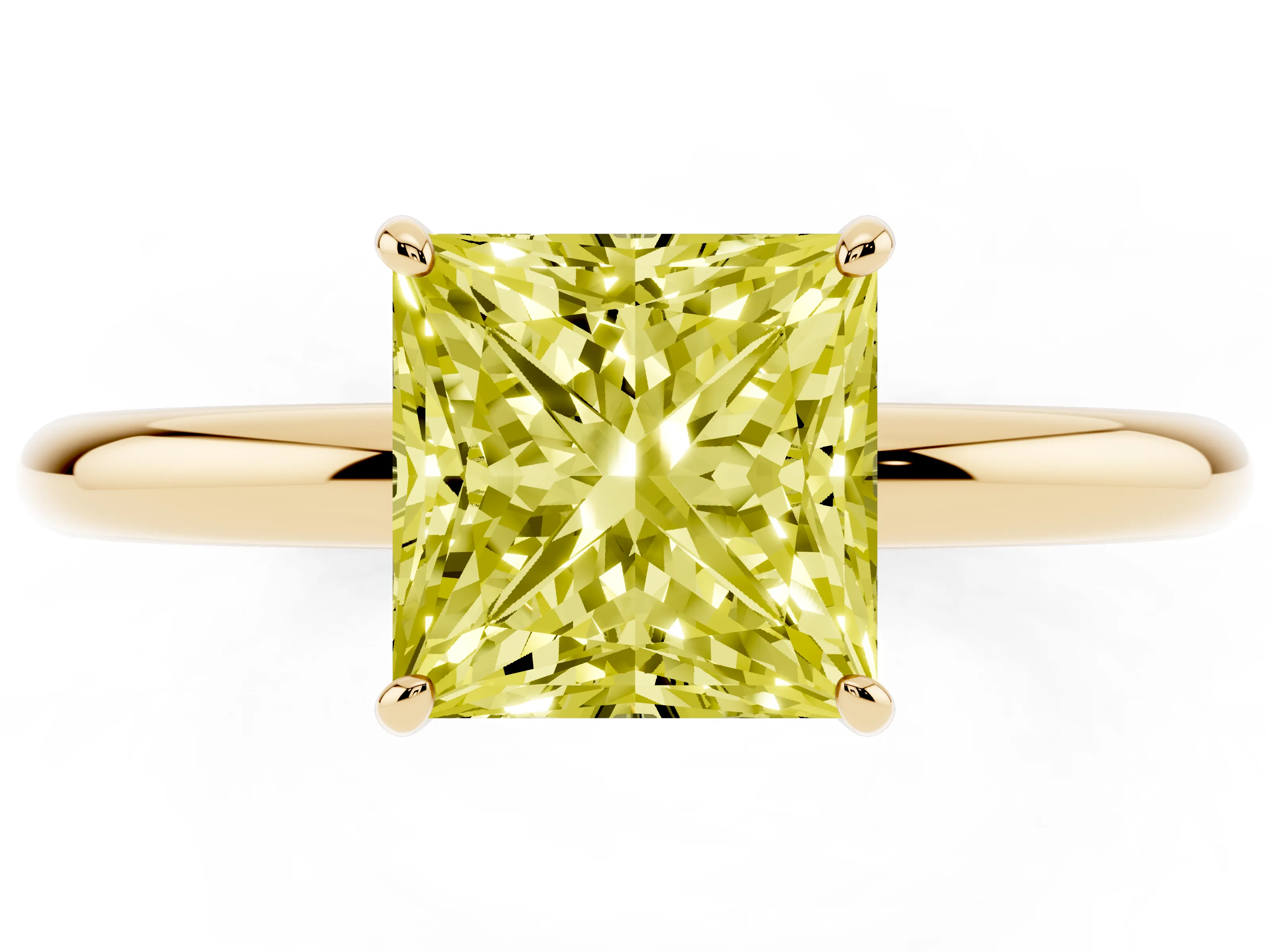 Fancy Yellow Princess Cut Diamond Solitaire Ring Set in Yellow gold with Prong Setting on a Polished Plain Band