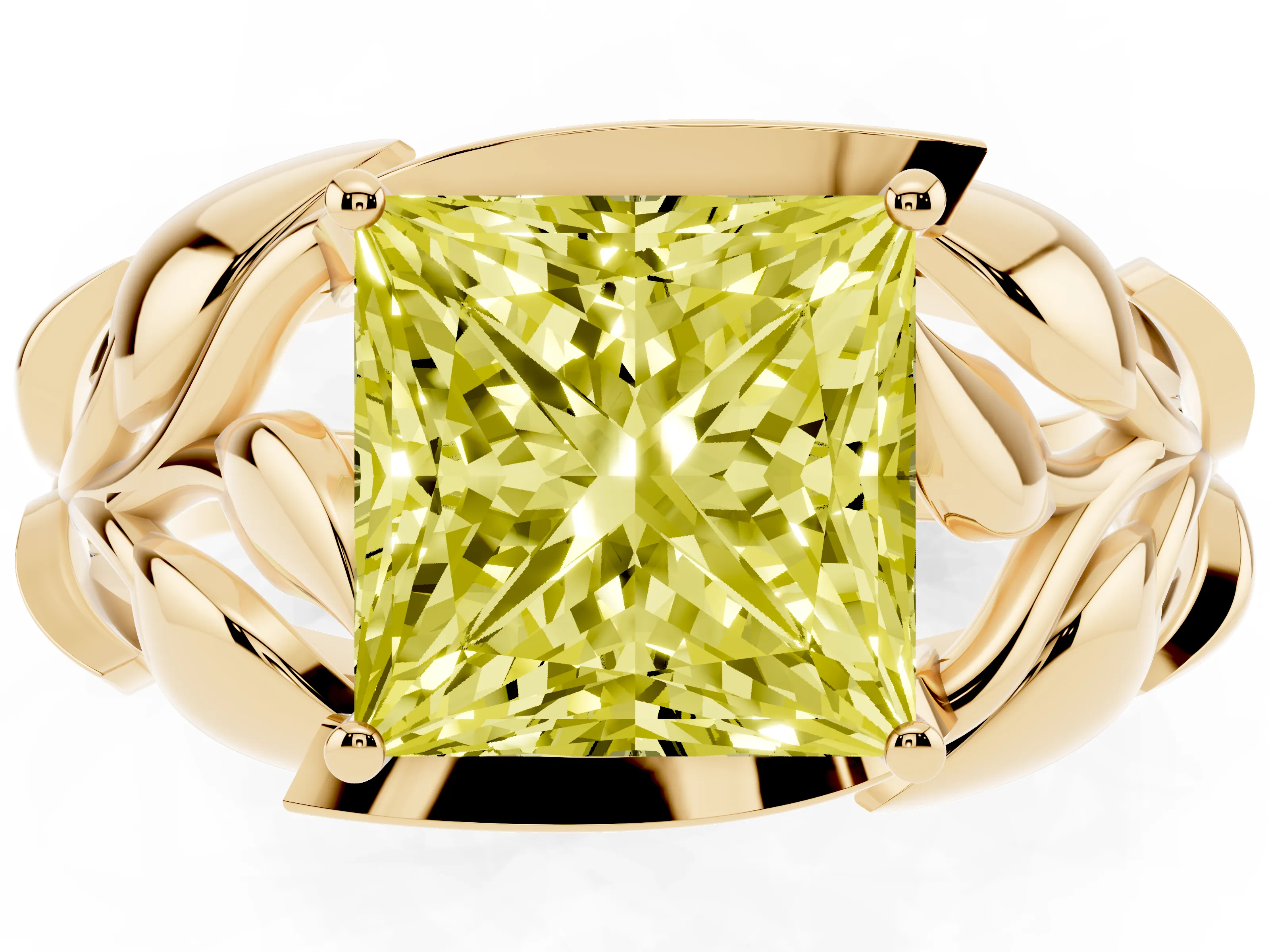 Fancy Yellow Princess Cut Diamond Leaf-Inspired Engagement Ring Set in Yellow gold with Round Accents