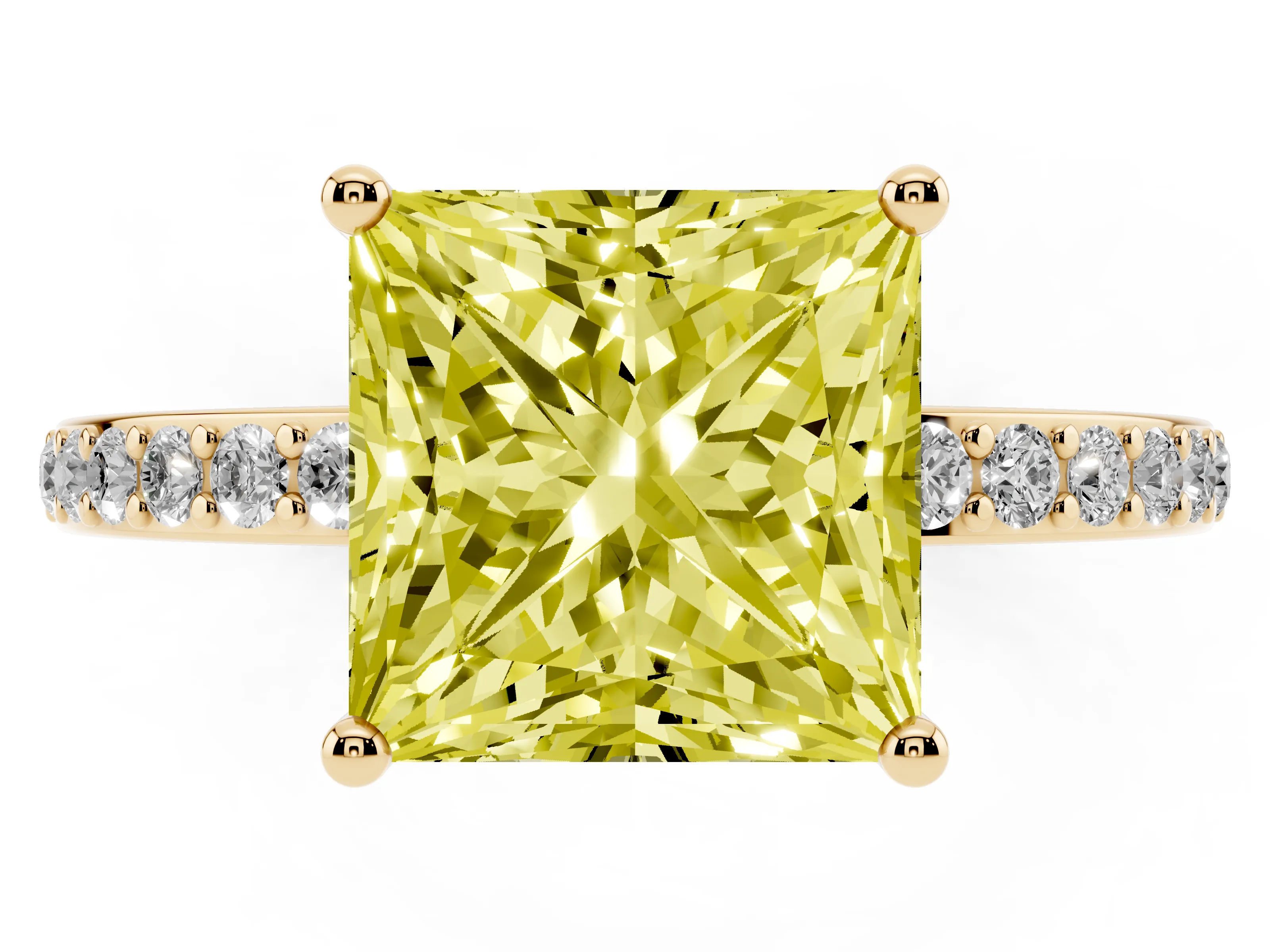 Fancy Yellow Princess Cut Diamond Pavé Band Ring Set in Yellow gold with Prong-Set Center Stone