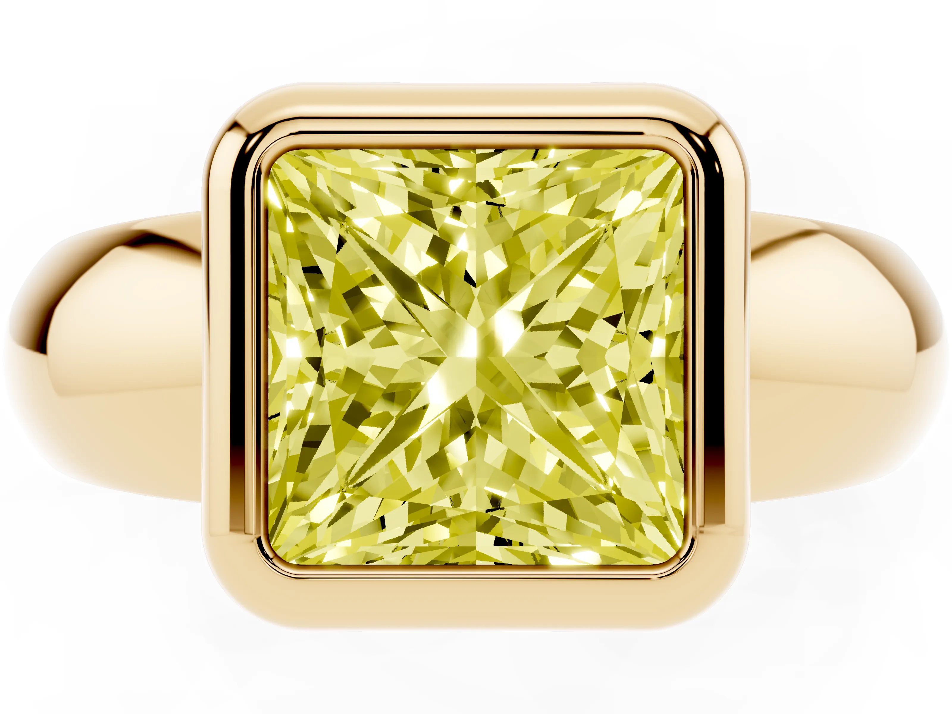 Fancy Yellow Bezel Set Princess Cut Diamond Solitaire Ring Set in Yellow gold with Wide Band