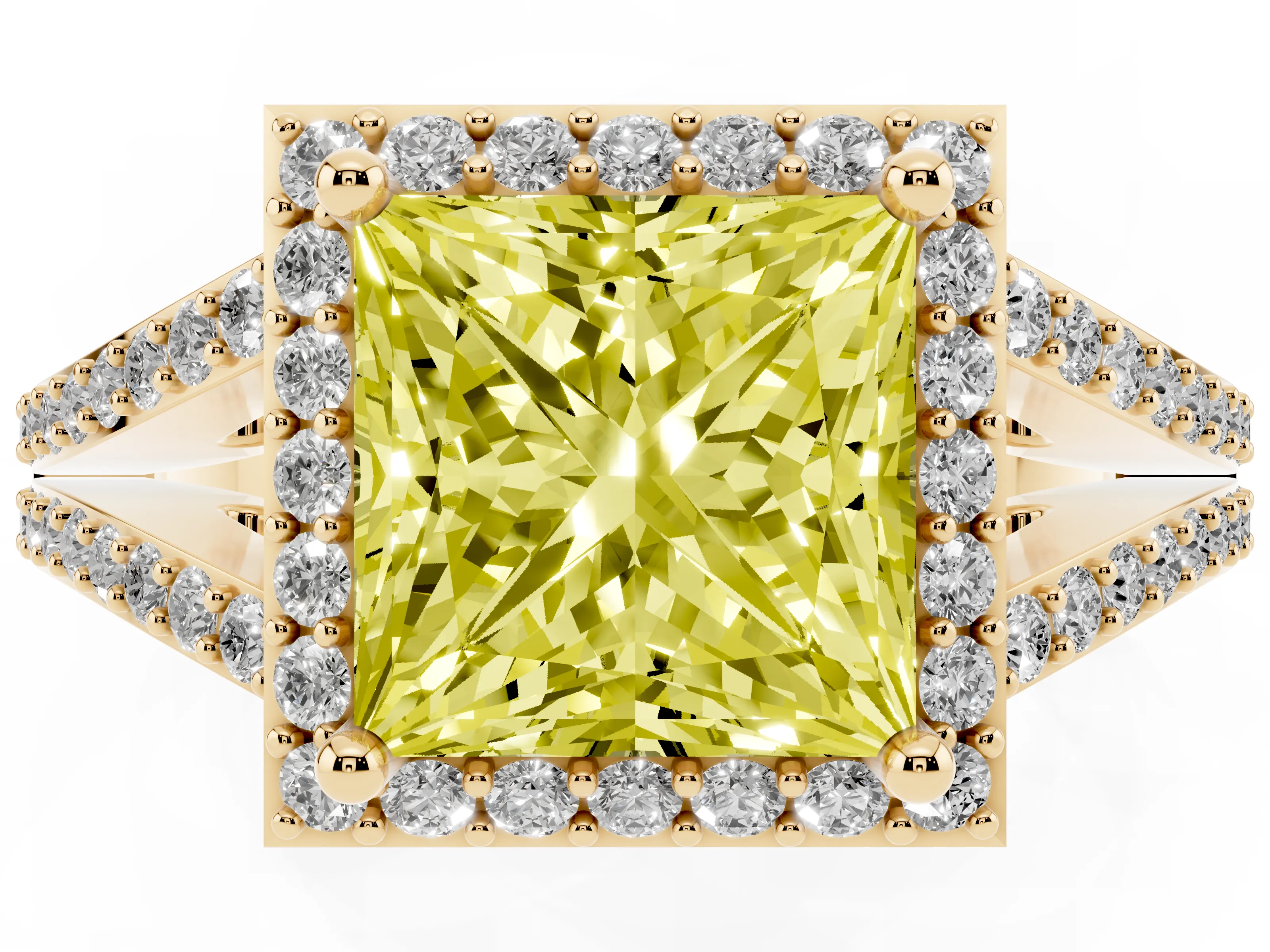 Fancy Yellow Princess Cut Diamond Halo Split Shank Pavé Ring Set in Yellow gold with Prong Setting