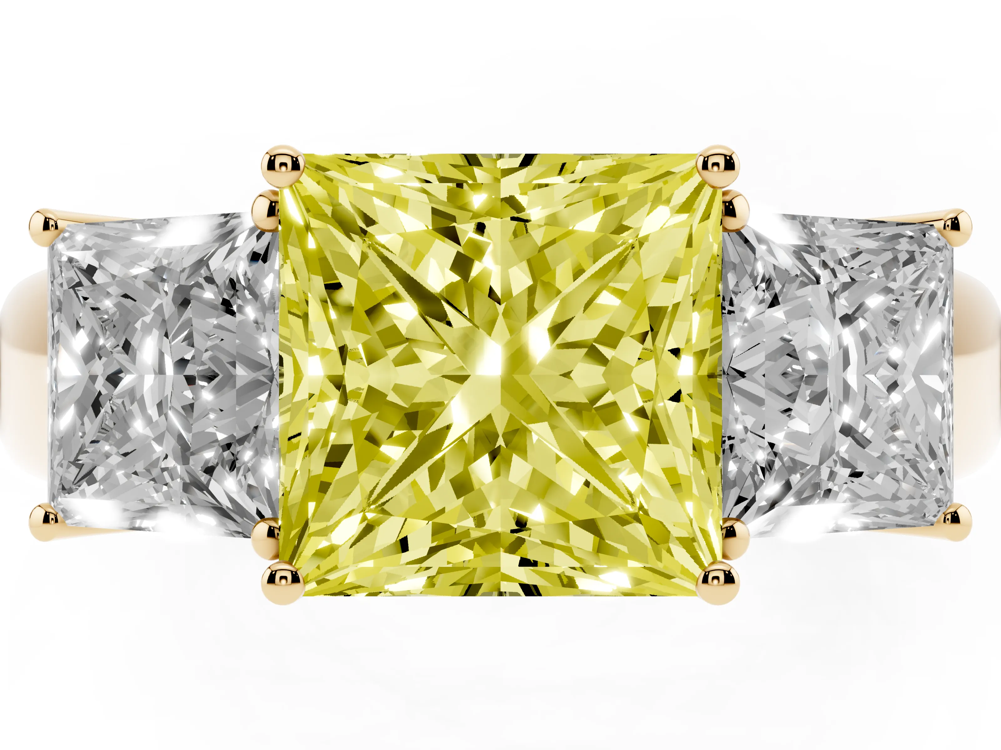 Fancy Yellow Three-Stone Princess Cut Diamond Ring Set in Yellow gold with Matching Prong Settings and Plain Band