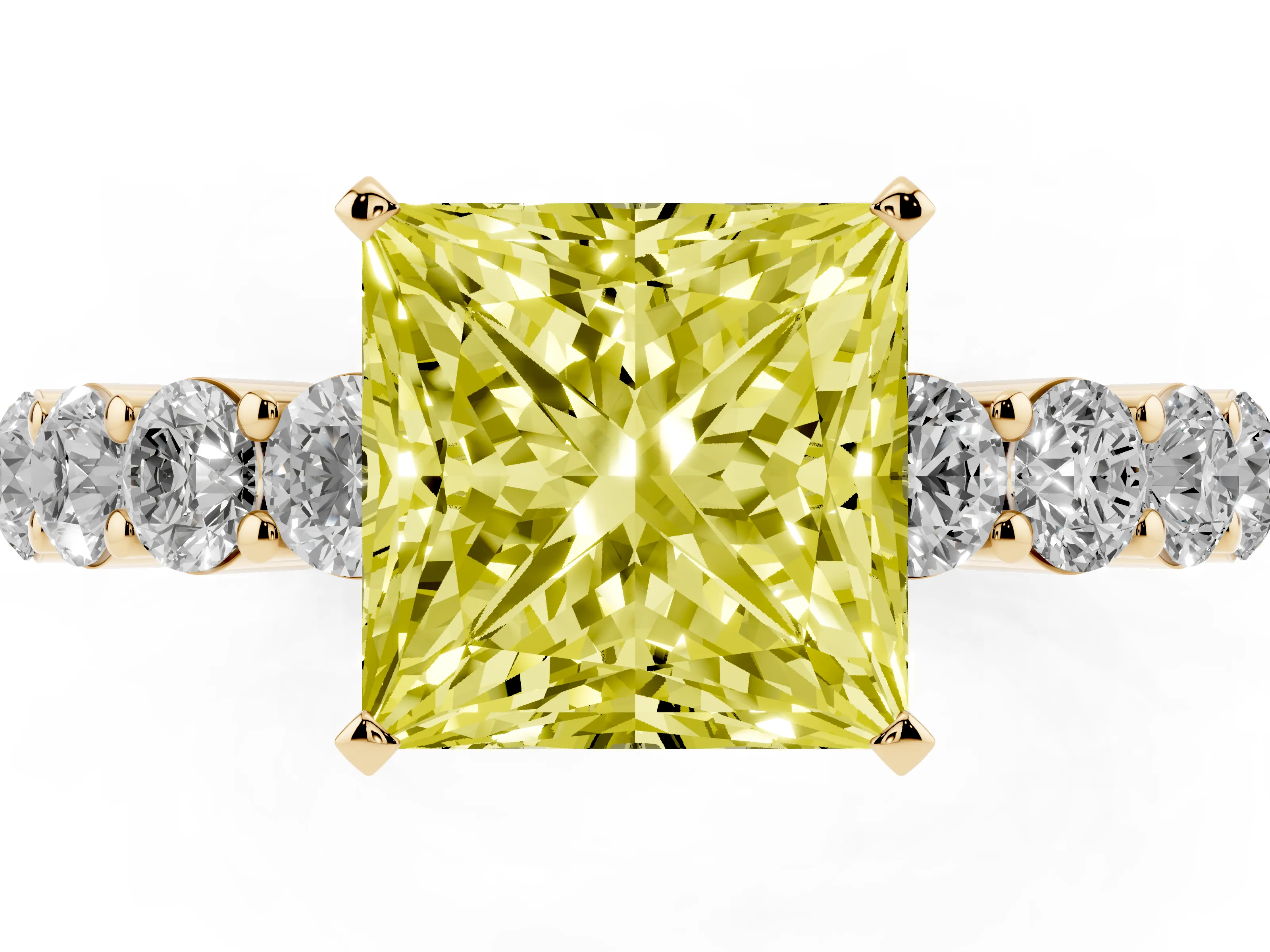 Fancy Yellow Princess Cut Diamond Solitaire Ring Set in Yellow gold with Shared Prong Round Side Stones