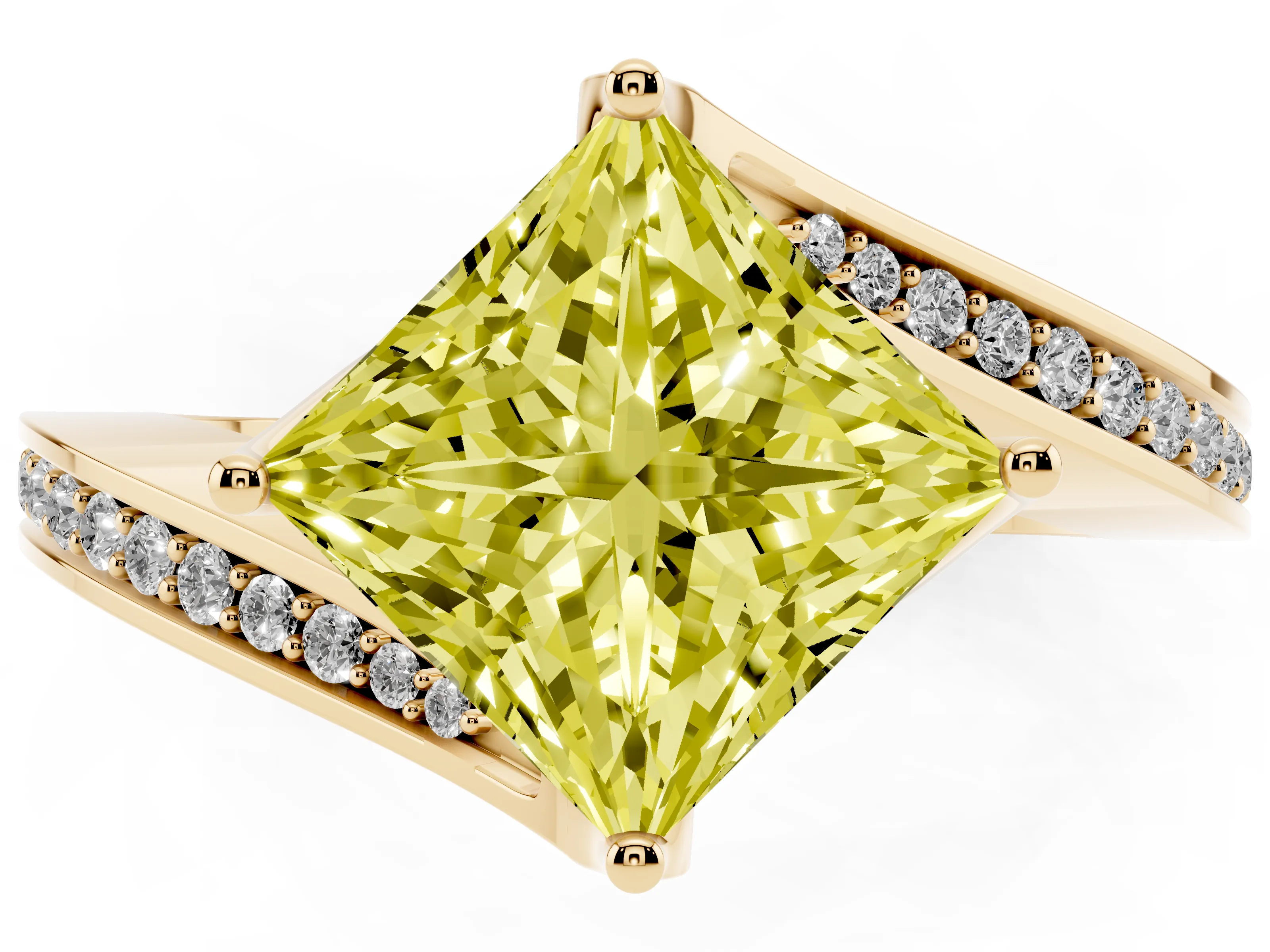 Fancy Yellow Princess Cut Diamond Solitaire Ring Set in Yellow gold with Intertwined Pavé Twist Band