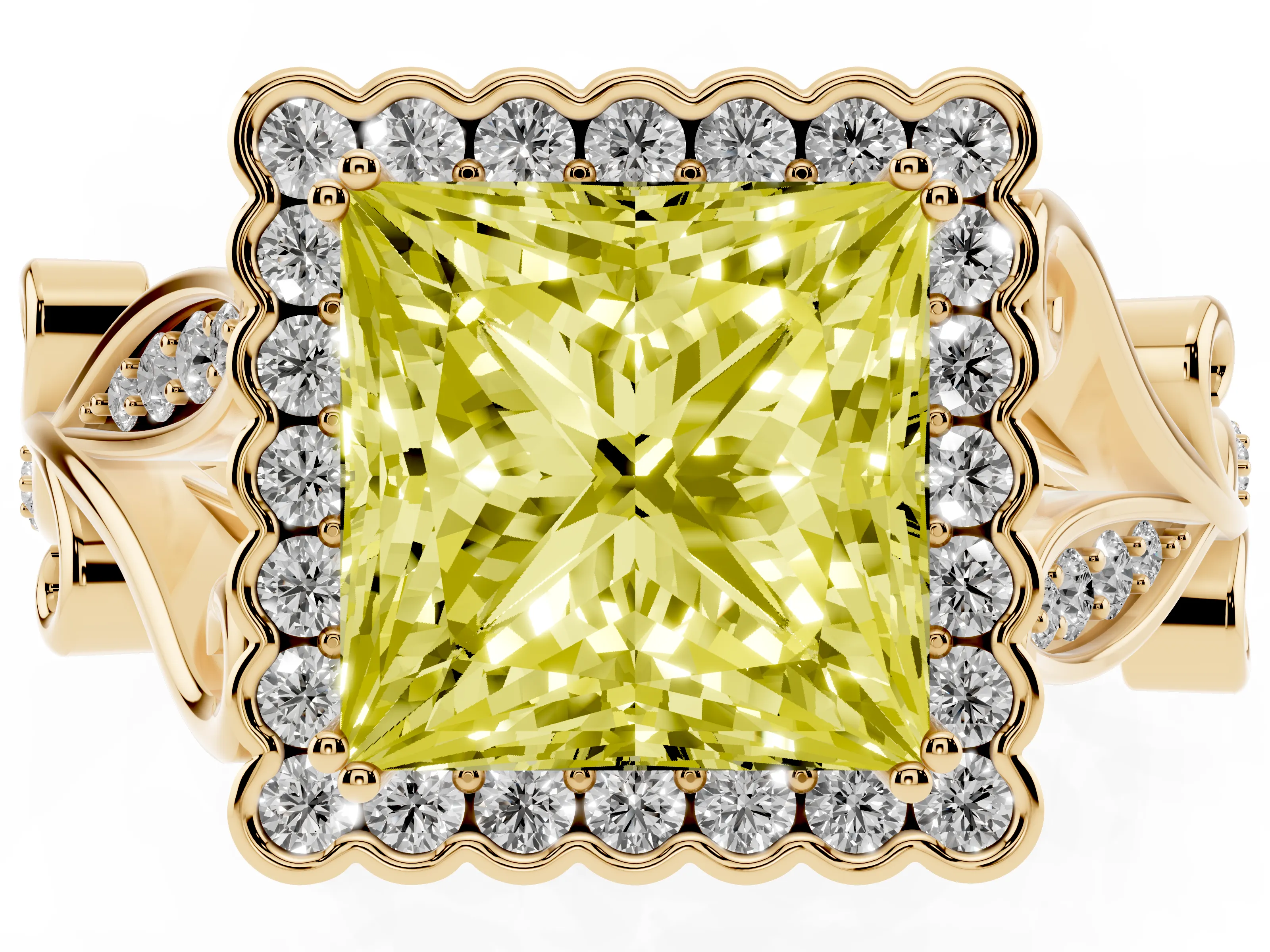 Fancy Yellow Princess Cut Diamond Halo Ring Set in Yellow gold with Leaf Motif Split Shank and Prong Setting