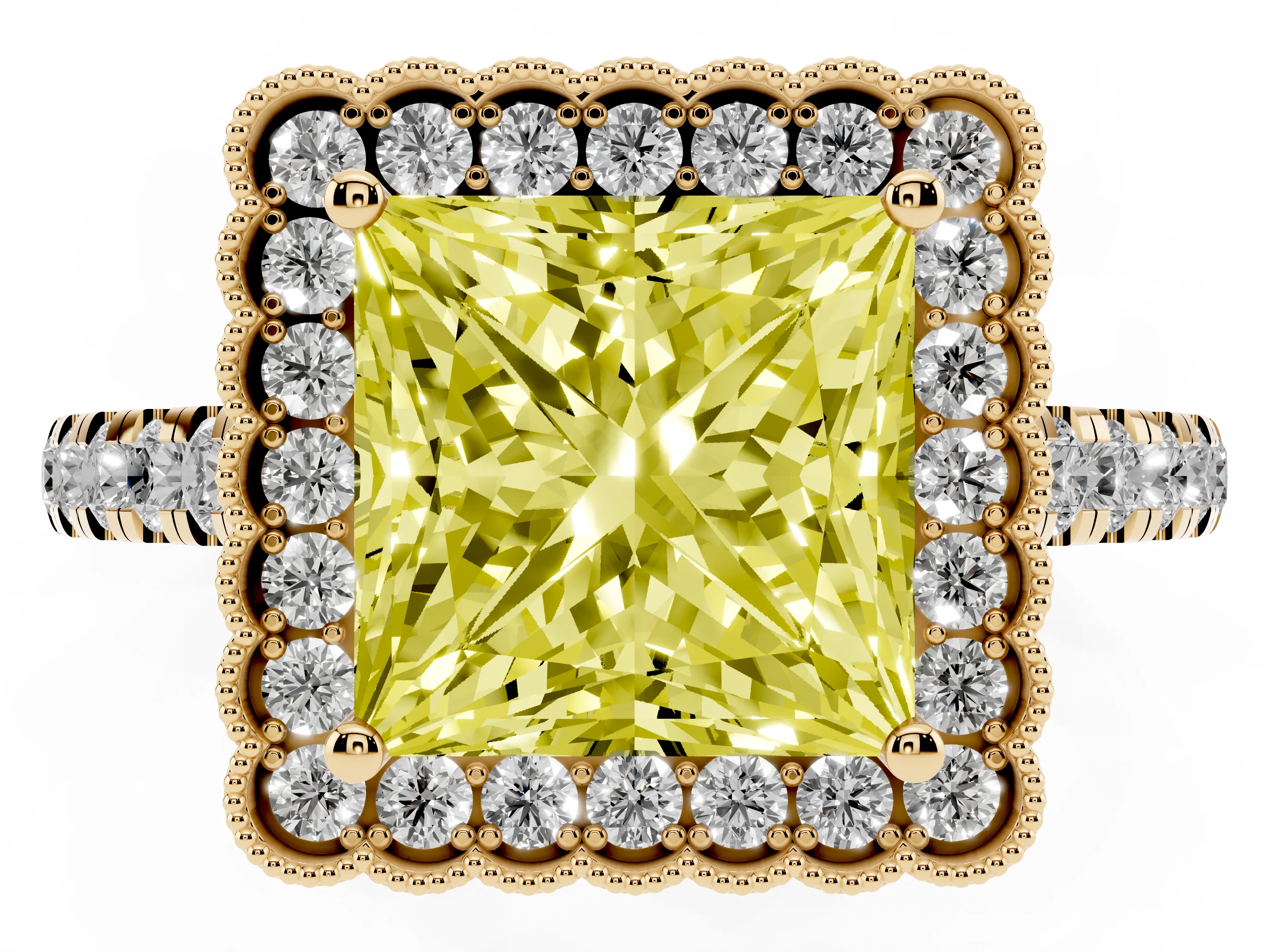 Fancy Yellow Princess Cut Diamond Milgrain Floral Halo Engagement Ring Set in Yellow gold with Pavé Band