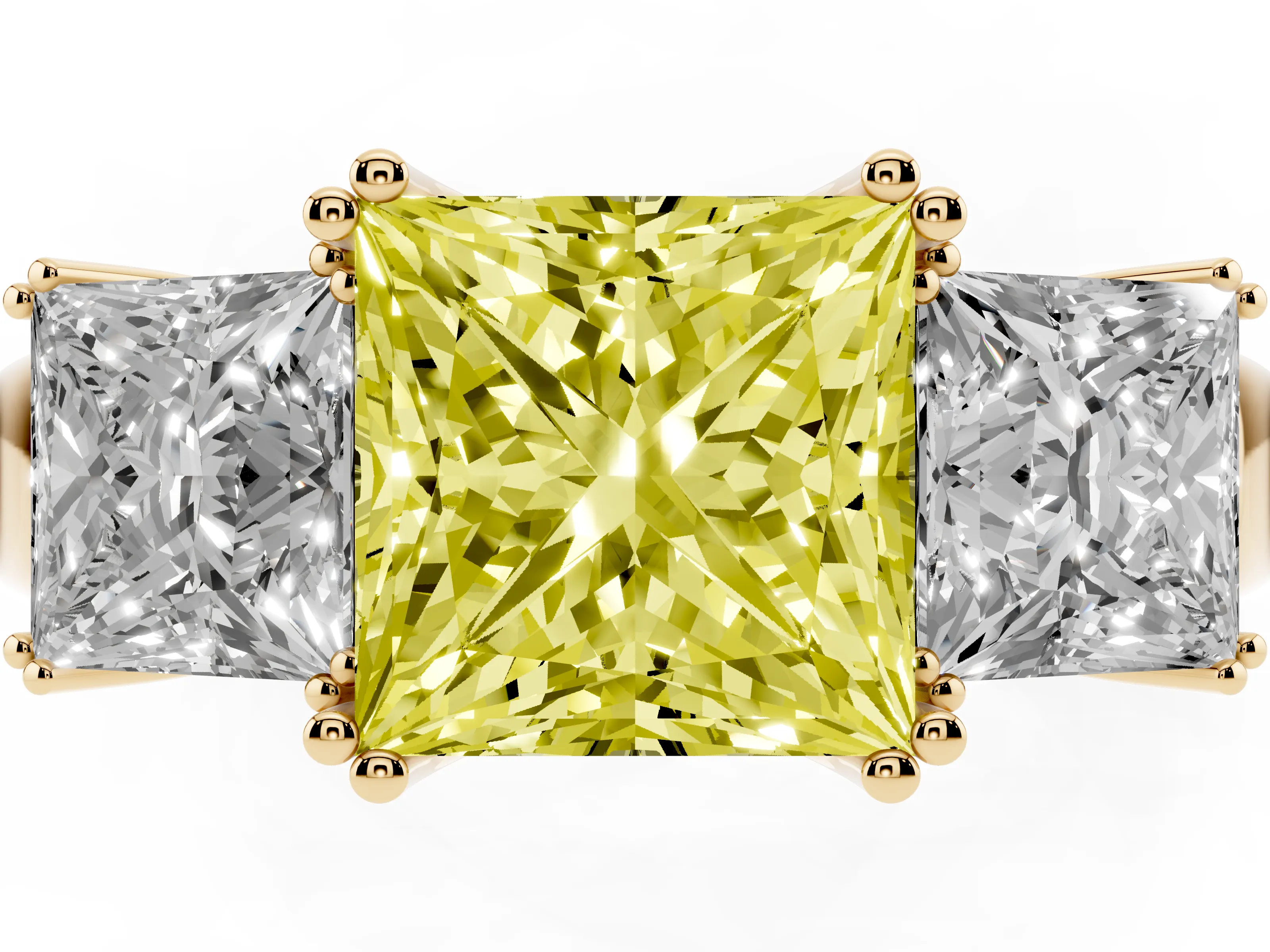 Fancy Yellow Princess Cut Diamond Three-Stone Ring Set in Yellow gold with Polished Channel-Set Band