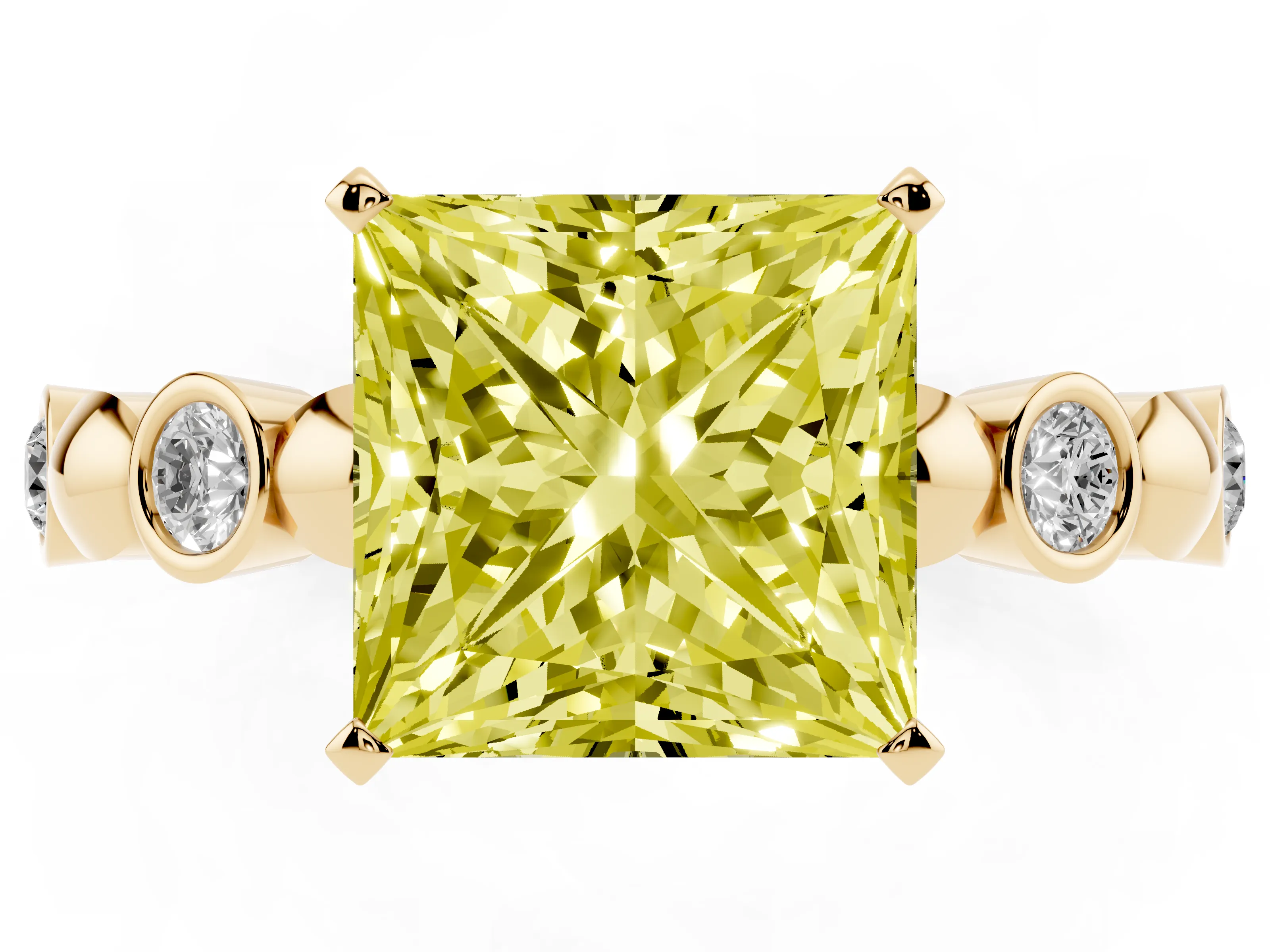 Fancy Yellow Princess Cut Diamond Solitaire Ring Set in Yellow gold with Bezel-Set Accents on Beaded Band and Prong Setting