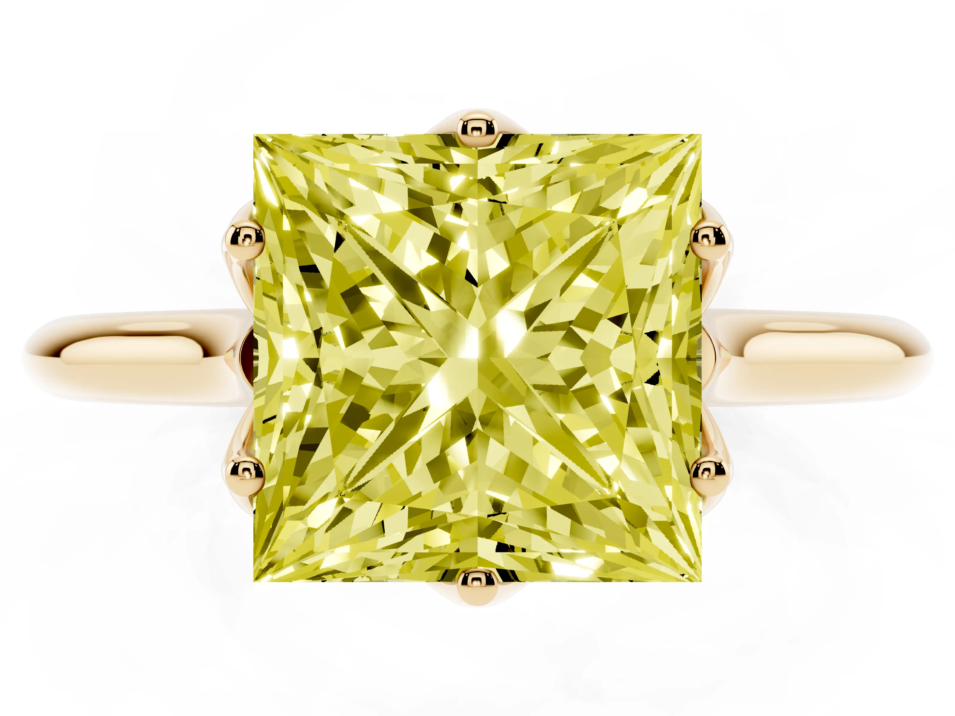 Fancy Yellow Princess Cut Diamond Solitaire Cathedral Ring Set in Yellow gold with Prong Setting