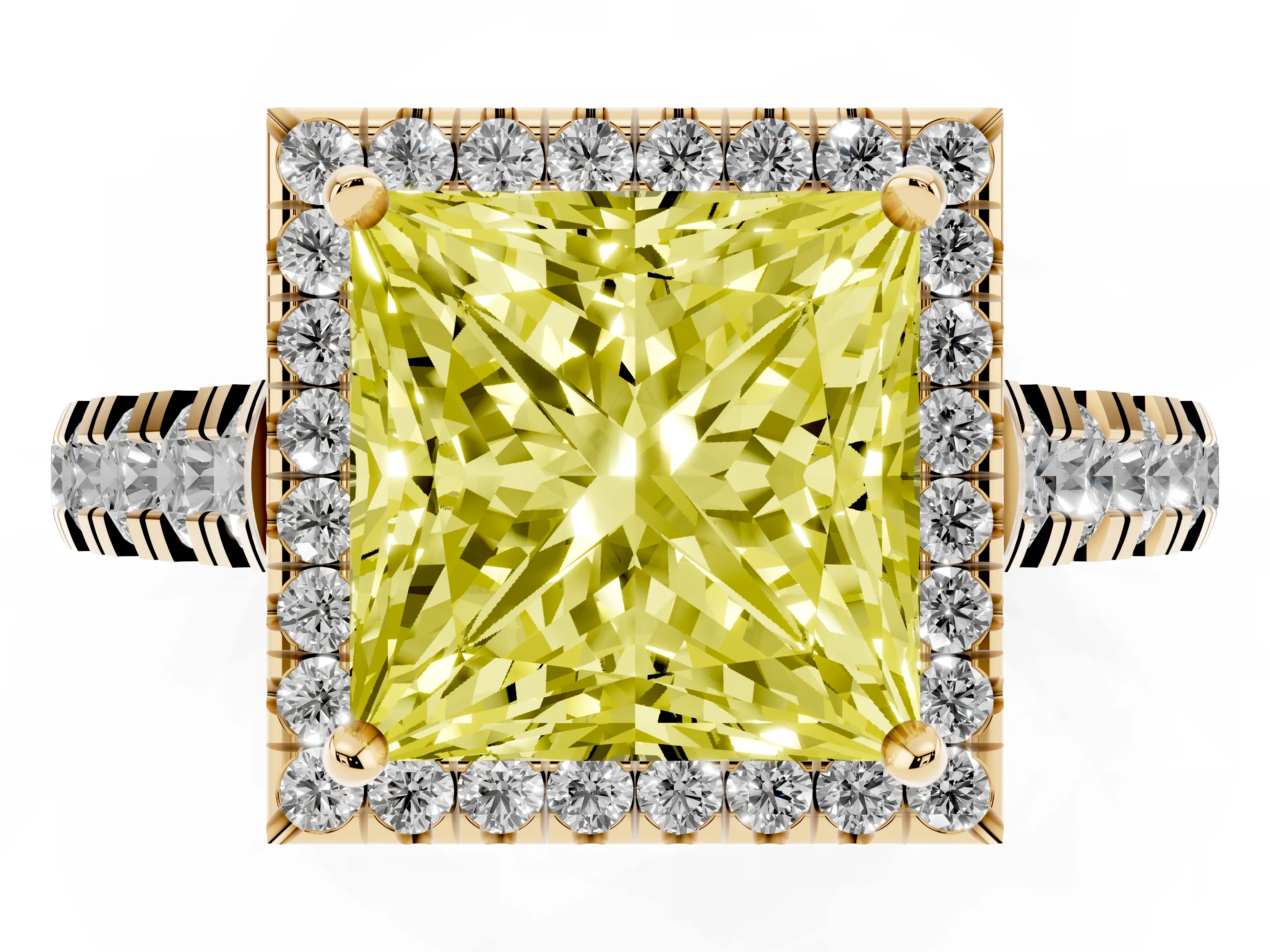 Fancy Yellow Princess Cut Diamond Halo Engagement Ring Set in Yellow gold with Pavé Band and Prong-Set Center