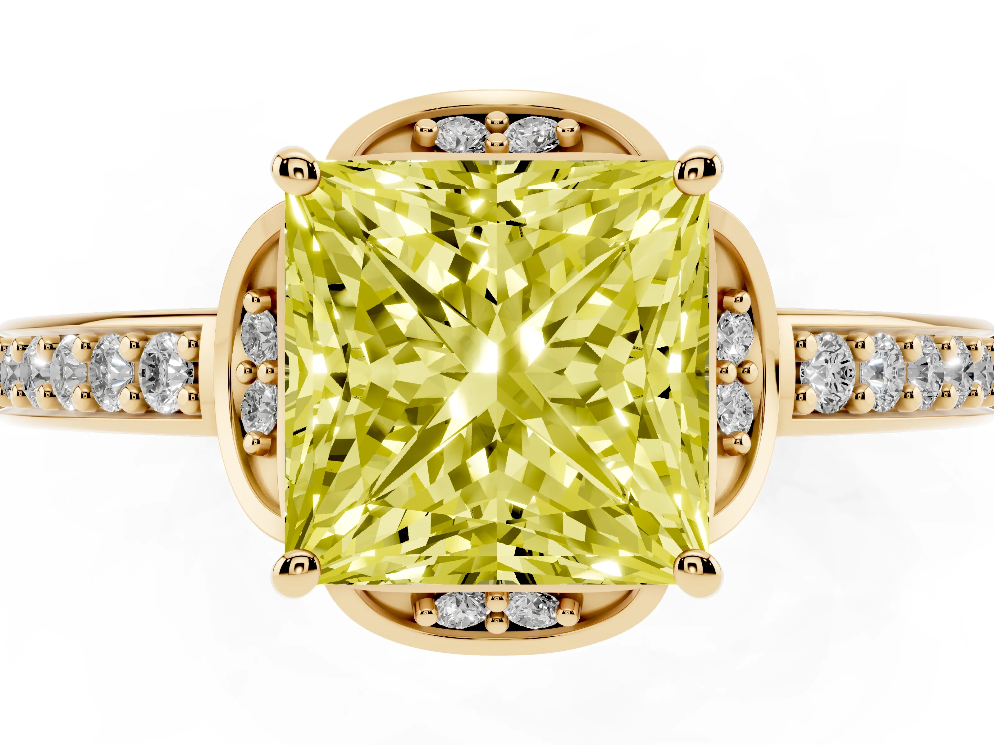 Fancy Yellow Princess Cut Diamond Halo Ring Set in Yellow gold with Channel Set Band and Prong Setting