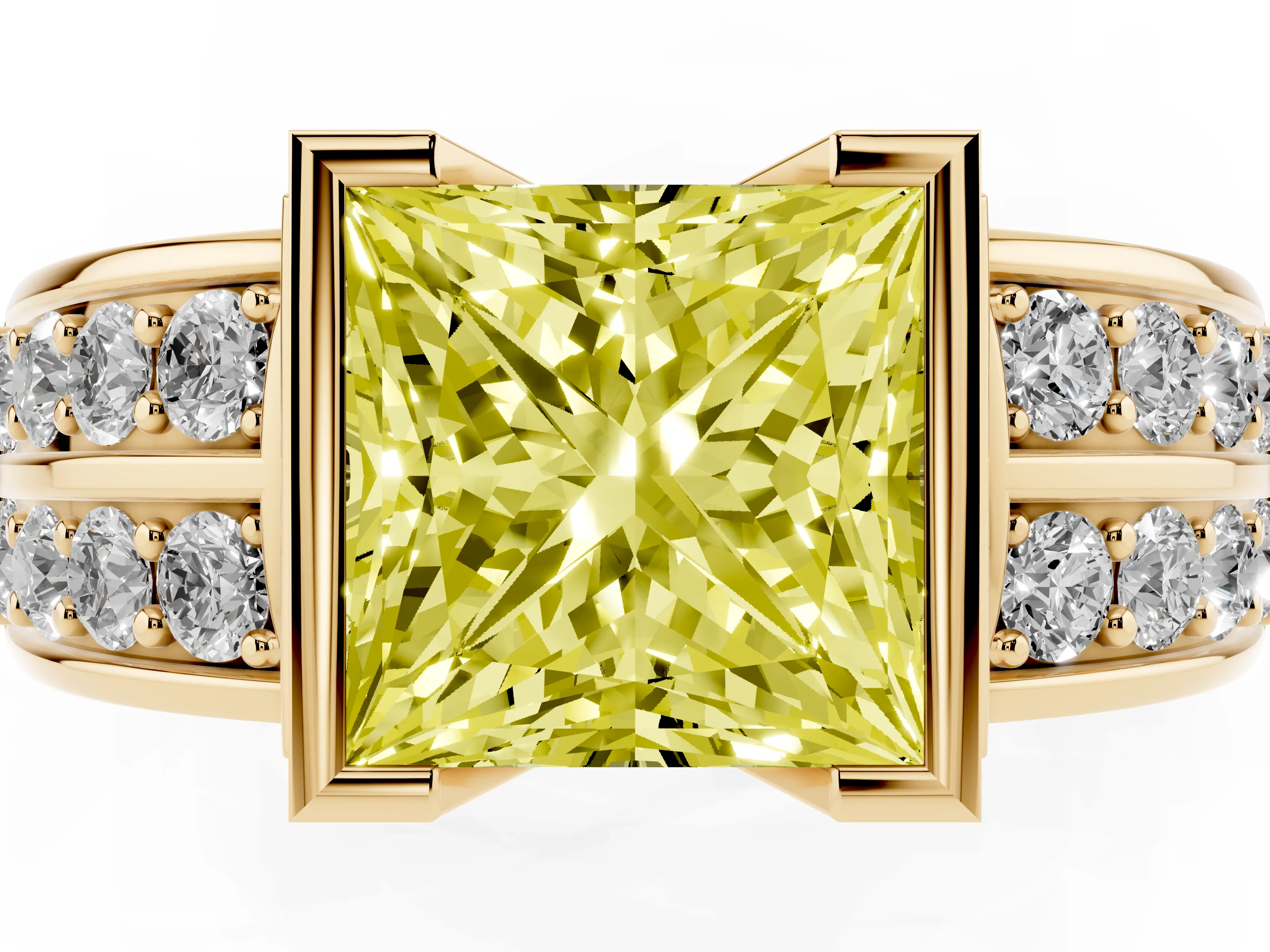 Fancy Yellow Princess Cut Diamond Wide Channel Set Band Ring Set in Yellow gold with Bezel Setting