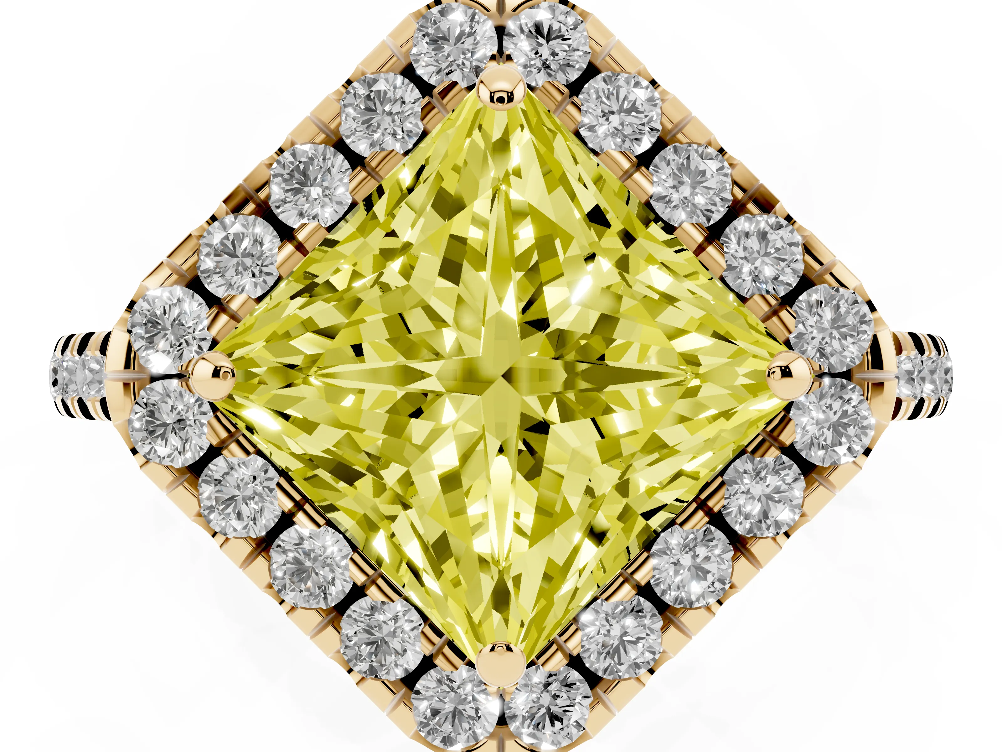 Fancy Yellow Princess Cut Diamond Cushion Halo Ring Set in Yellow gold with Pavé Band