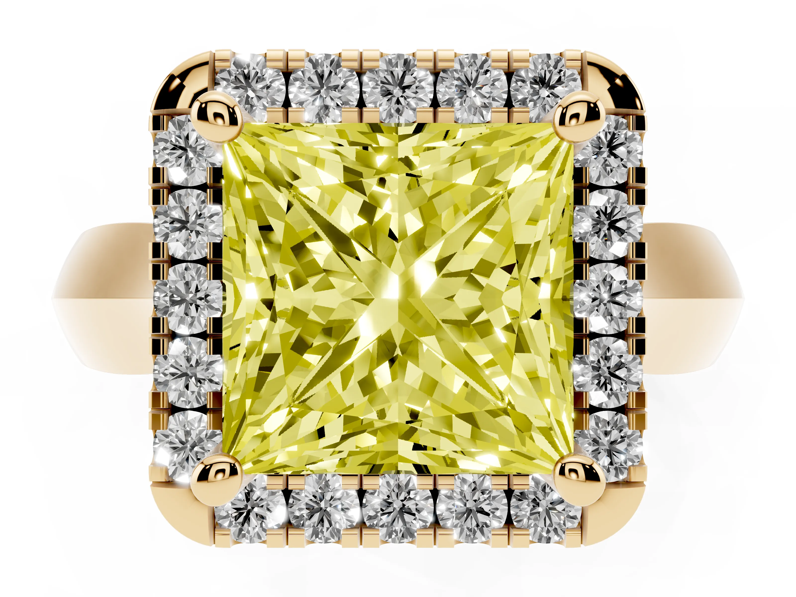 Fancy Yellow Princess Cut Diamond Halo Solitaire Engagement Ring Set in Yellow gold with Square Band and Prong Setting
