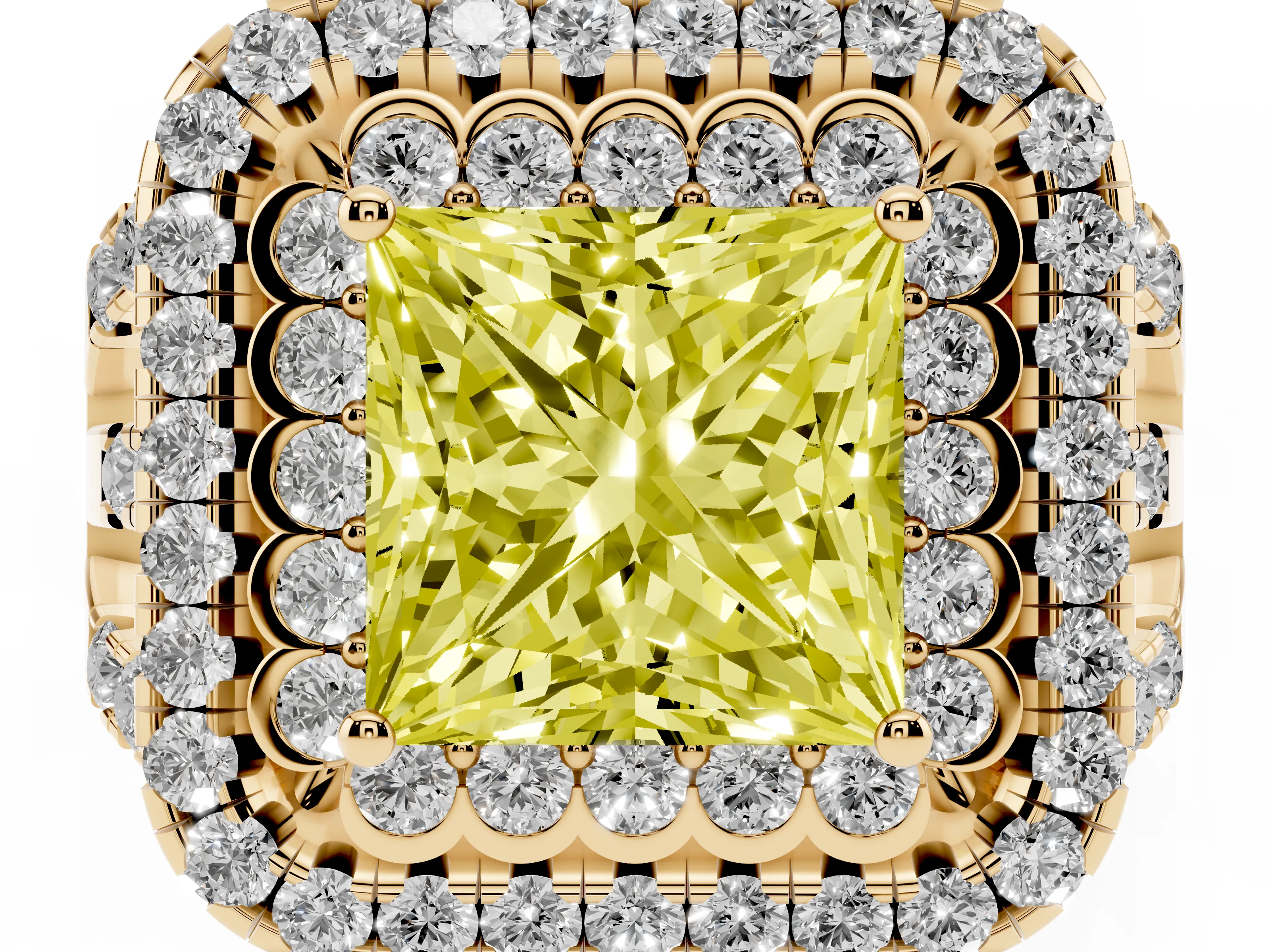 Fancy Yellow Princess Cut Diamond Double Halo Ring Set in Yellow gold with Round Pavé Split Shank
