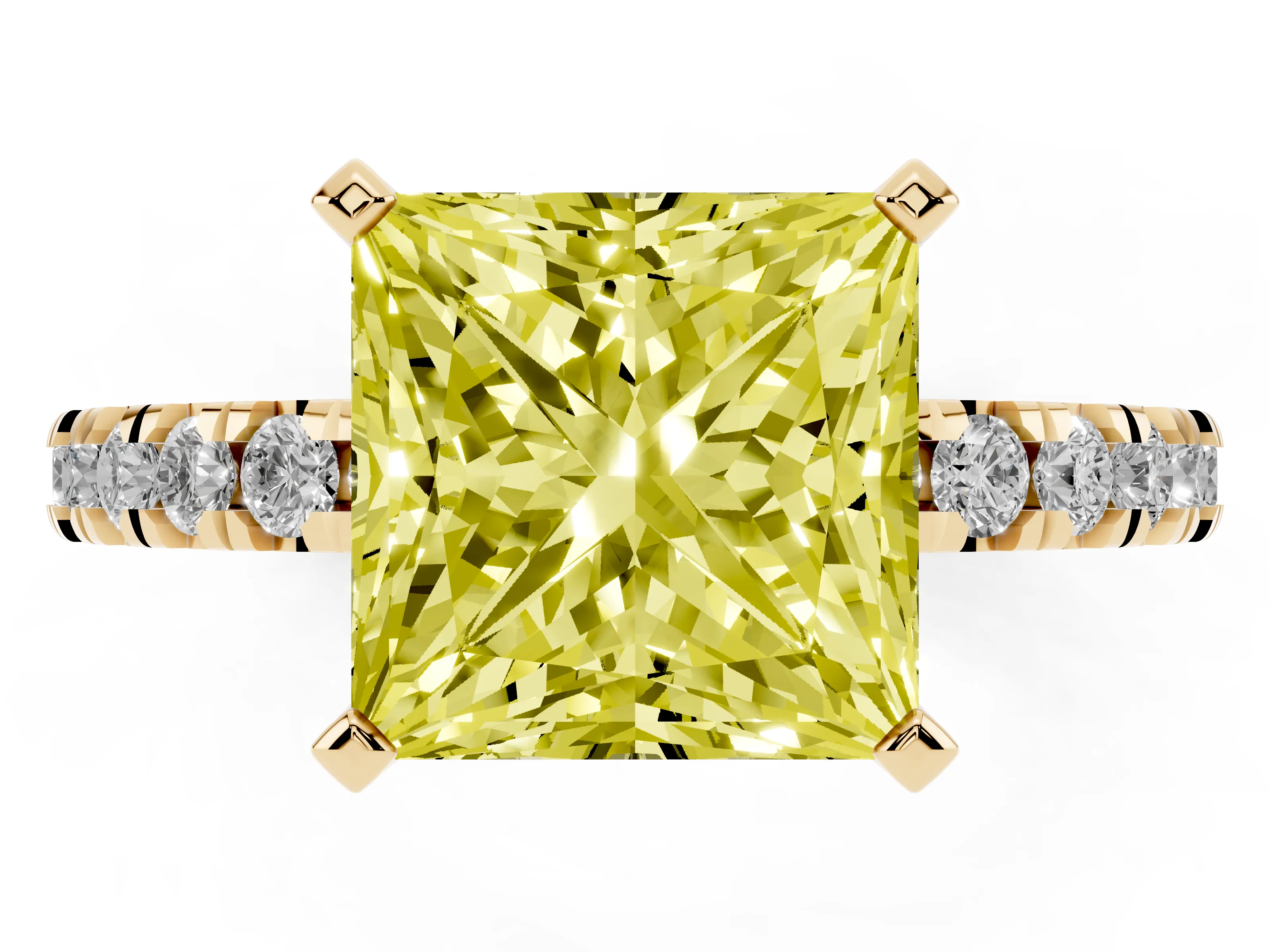 Fancy Yellow Princess Cut Diamond Pavé Band Solitaire Set in Yellow gold with Prong Setting