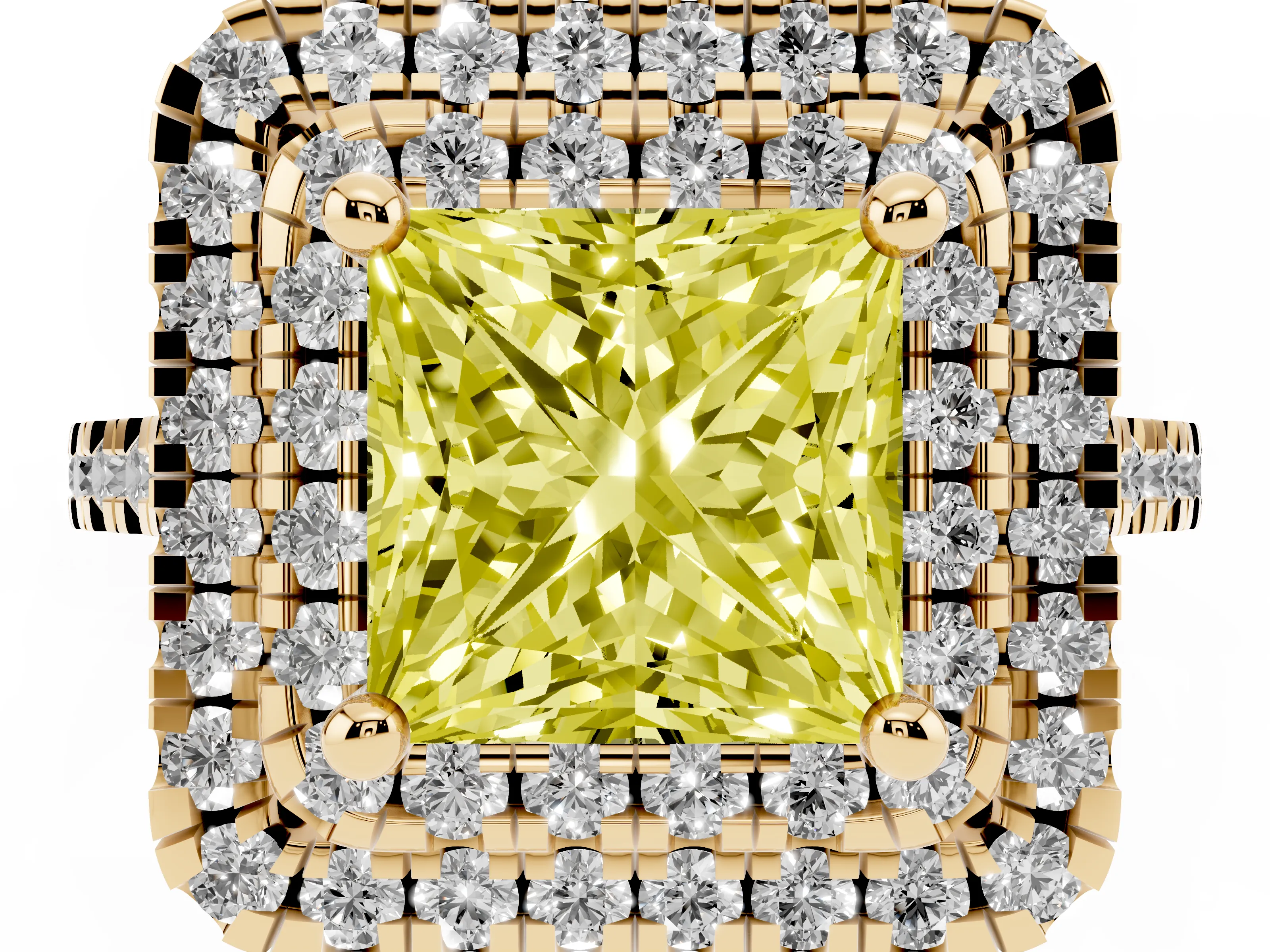 Fancy Yellow Princess Cut Diamond Double Halo Statement Ring Set in Yellow gold with Pavé Band