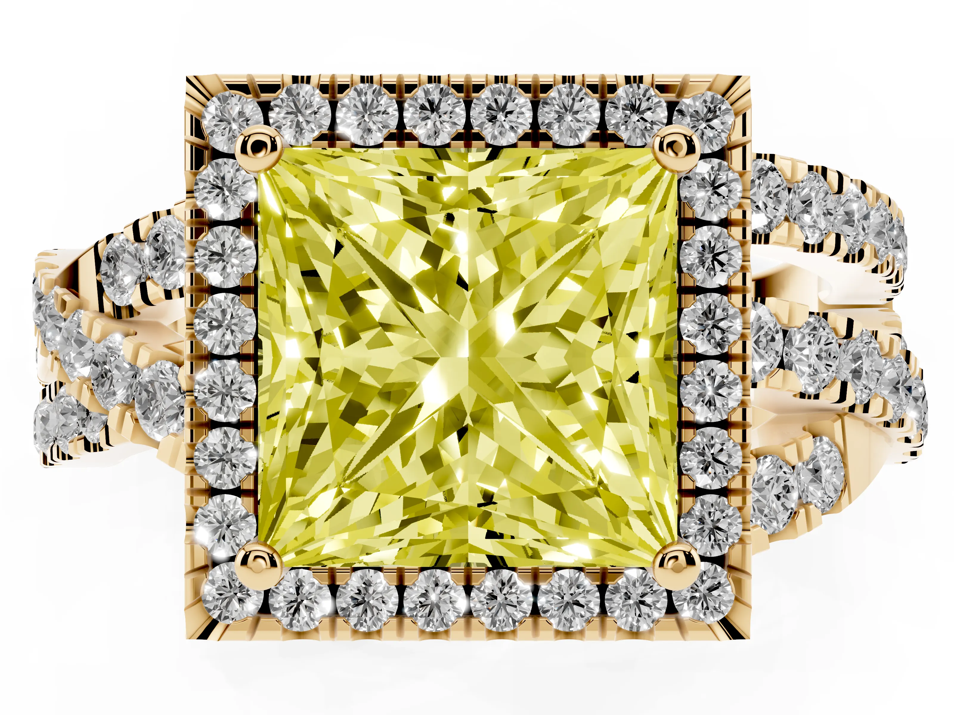 Fancy Yellow Princess Cut Diamond Halo Ring Set in Yellow gold with Round Crossover Split Shank and Prong Setting
