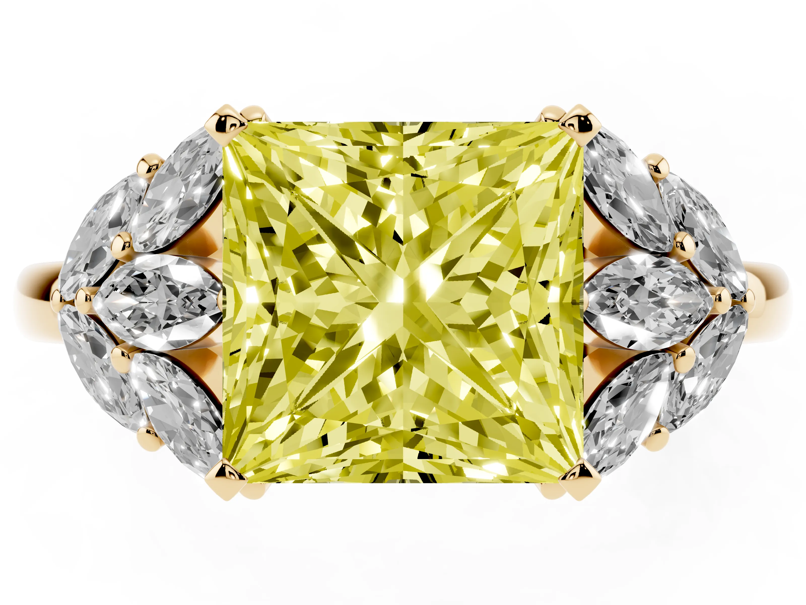 Fancy Yellow Princess Cut Diamond Cluster Leaf Design Ring Set in Yellow gold with Prong Setting