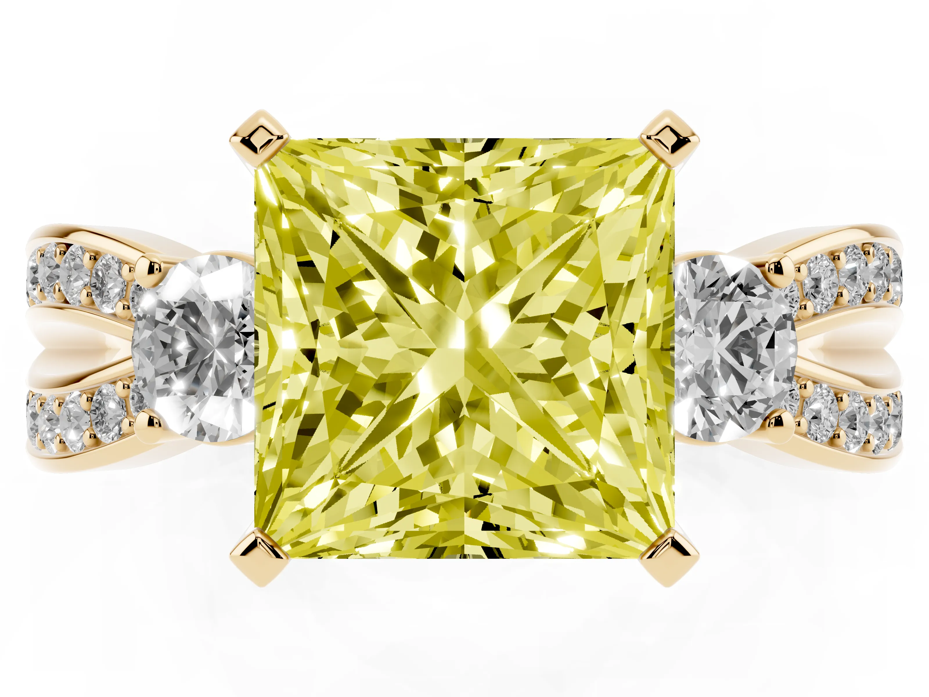 Fancy Yellow Three-Stone Princess Cut Diamond Twist Band Ring Set in Yellow gold with Pavé Accents and Prong Setting