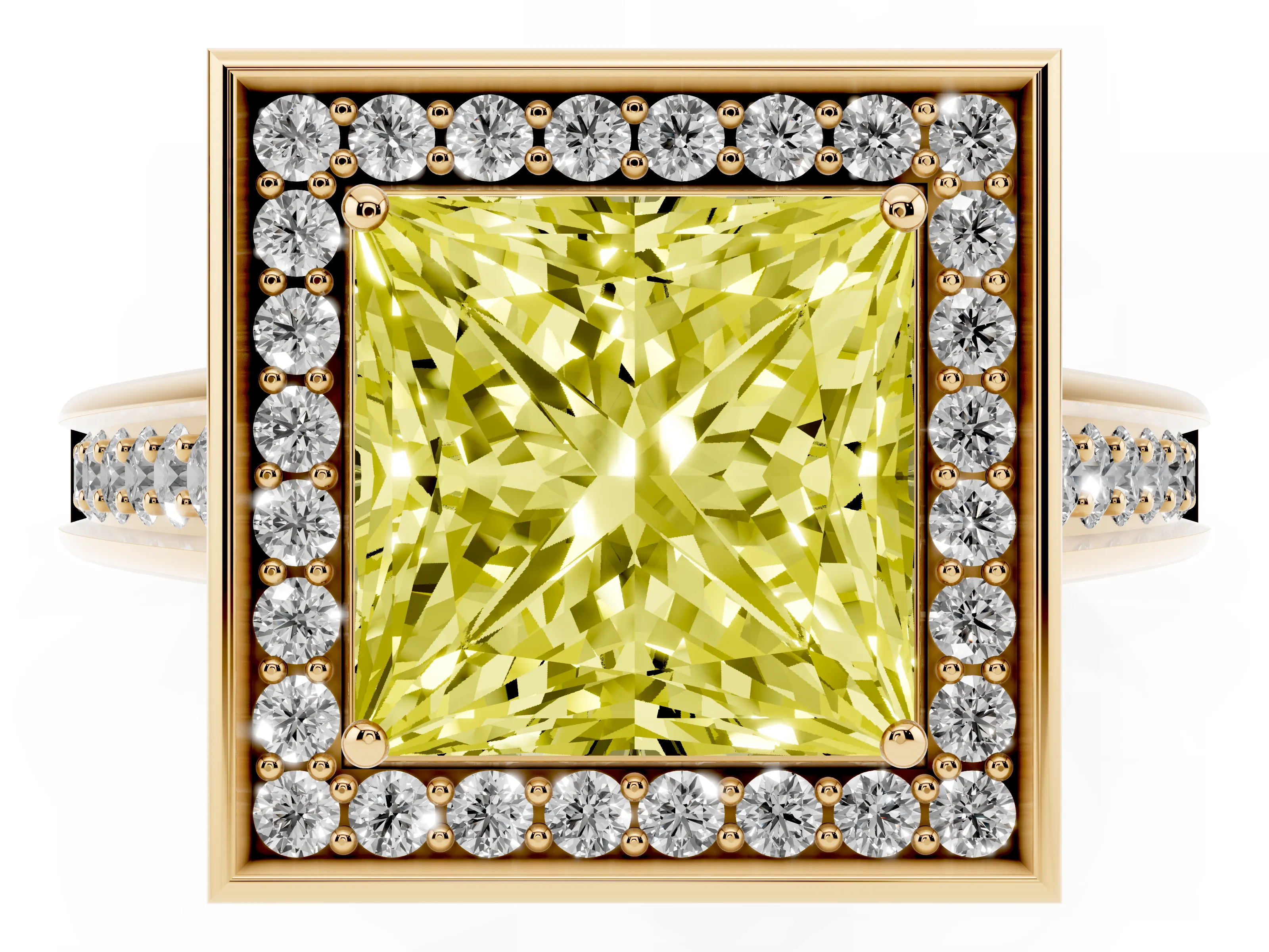 Fancy Yellow Princess Cut Diamond Halo Solitaire Ring Set in Yellow gold with Pavé Band and Bezel Setting
