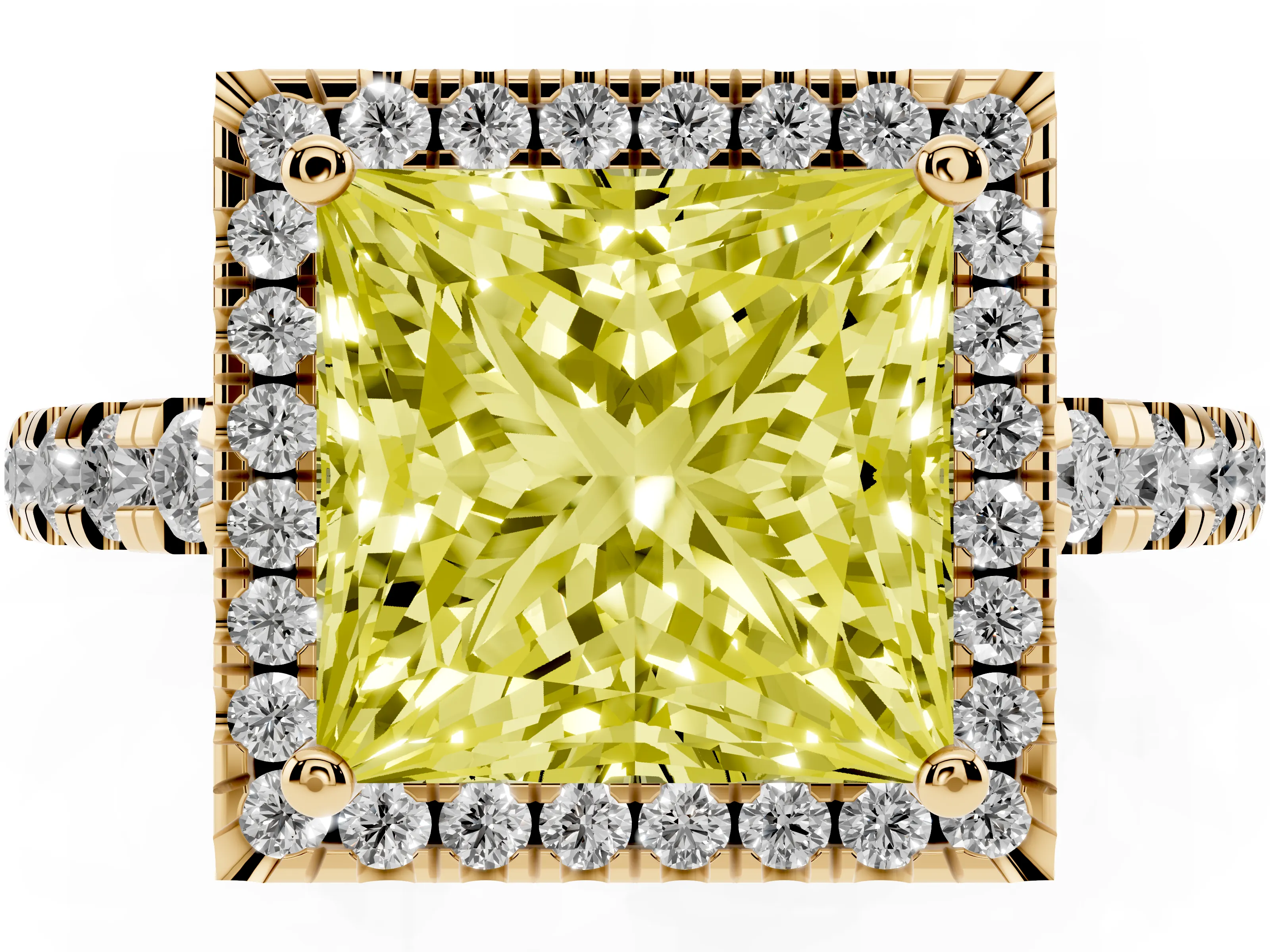 Fancy Yellow Princess Cut Diamond Halo Ring Set in Yellow gold with Delicate Pavé Band and Prong Setting