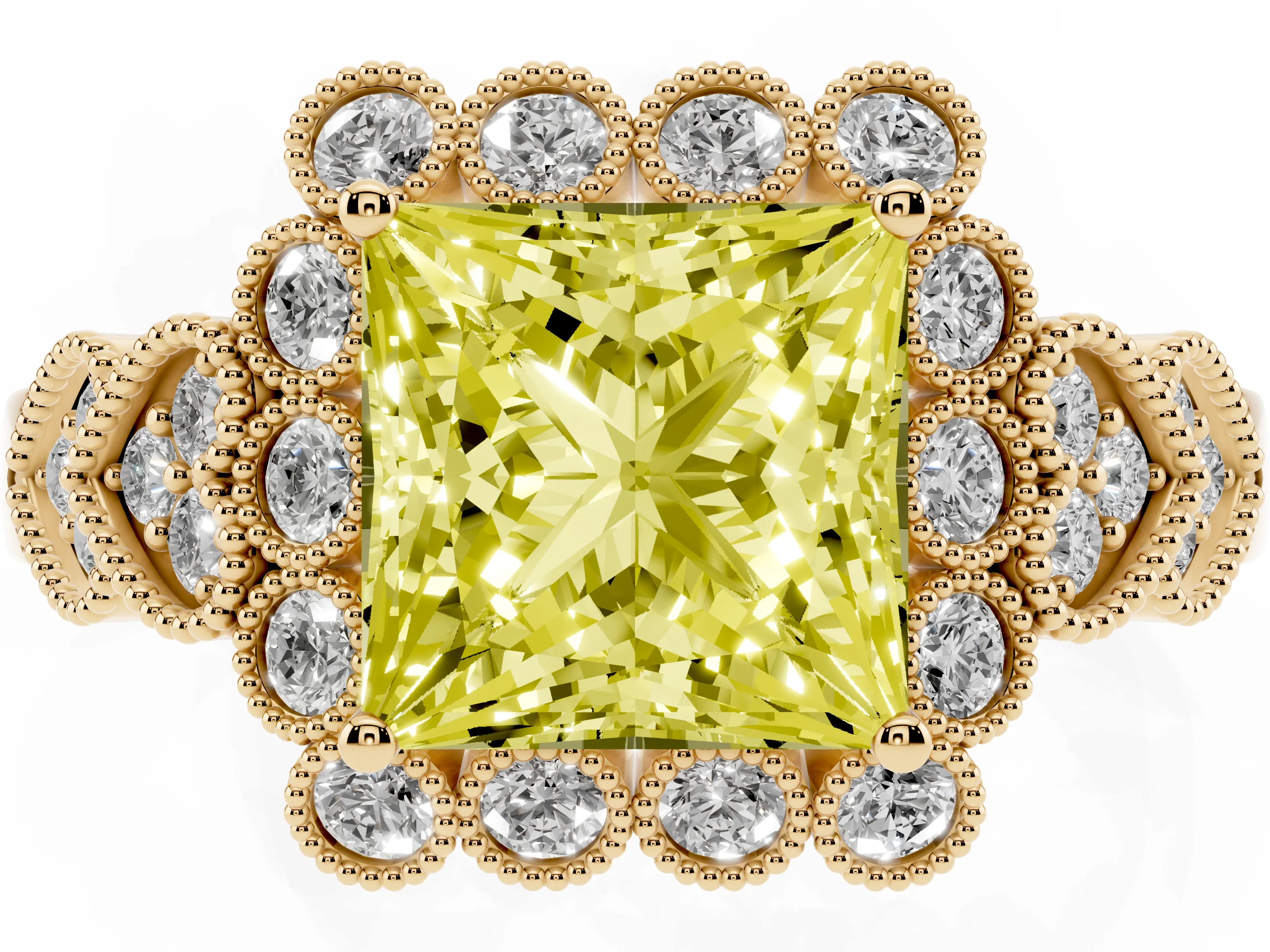 Fancy Yellow Princess Cut Diamond Solitaire Ring Set in Yellow gold with Milgrain Pavé Heart Band