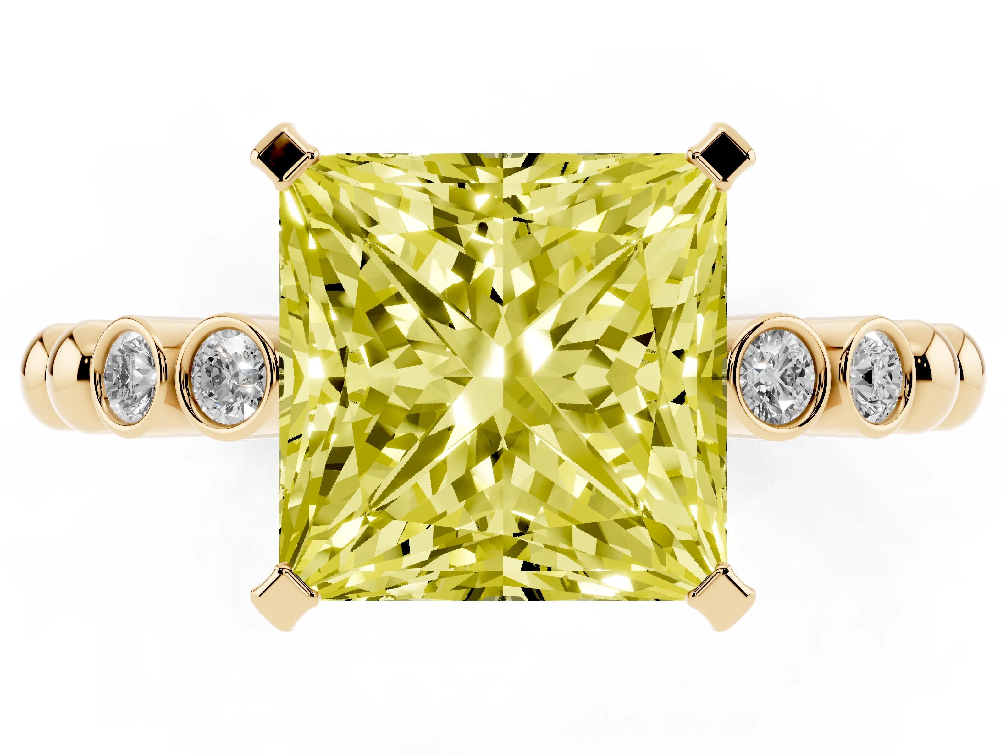 Fancy Yellow Princess Cut Diamond Solitaire Engagement Ring Set in Yellow gold with Bezel Accents on Beaded Band