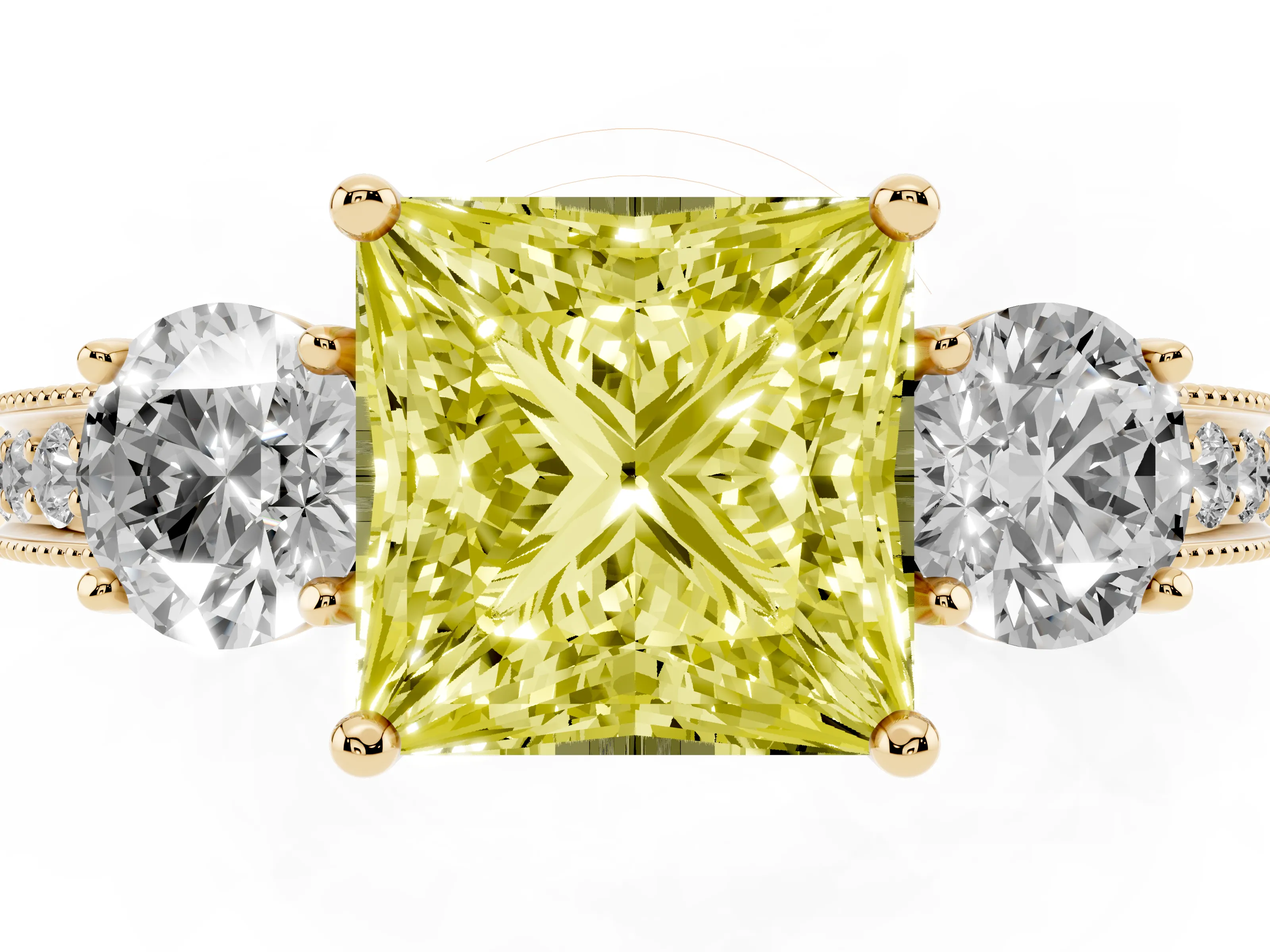 Fancy Yellow Princess Cut Diamond Three-Stone Ring Set in Yellow gold with Round Side Stones and Pavé Band