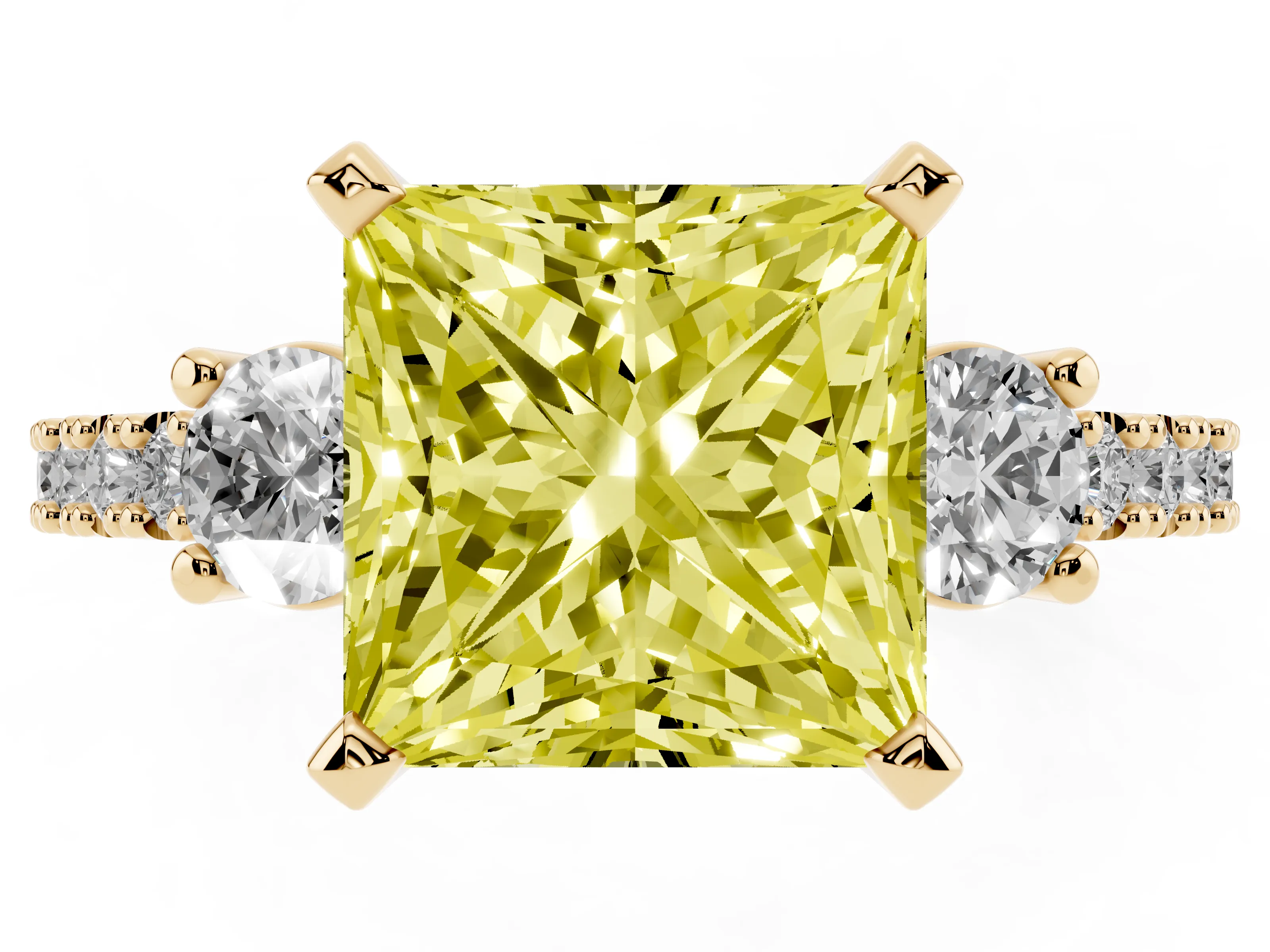 Fancy Yellow Three-Stone Princess Cut Diamond Pavé Band Ring Set in Yellow gold with Prong Setting