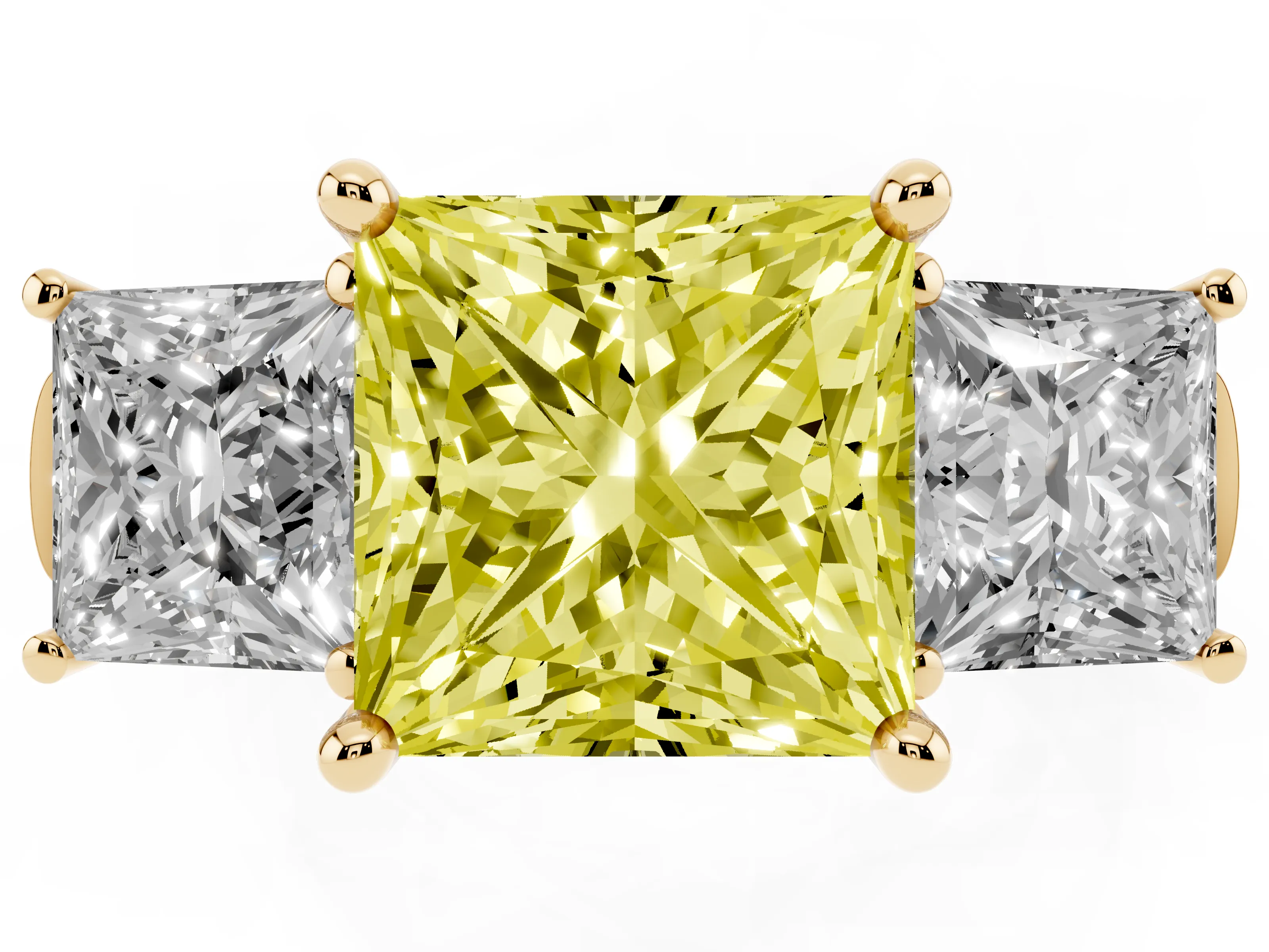 Fancy Yellow Princess Cut Diamond Three-Stone Trellis Ring Set in Yellow gold with Comfort Fit Band