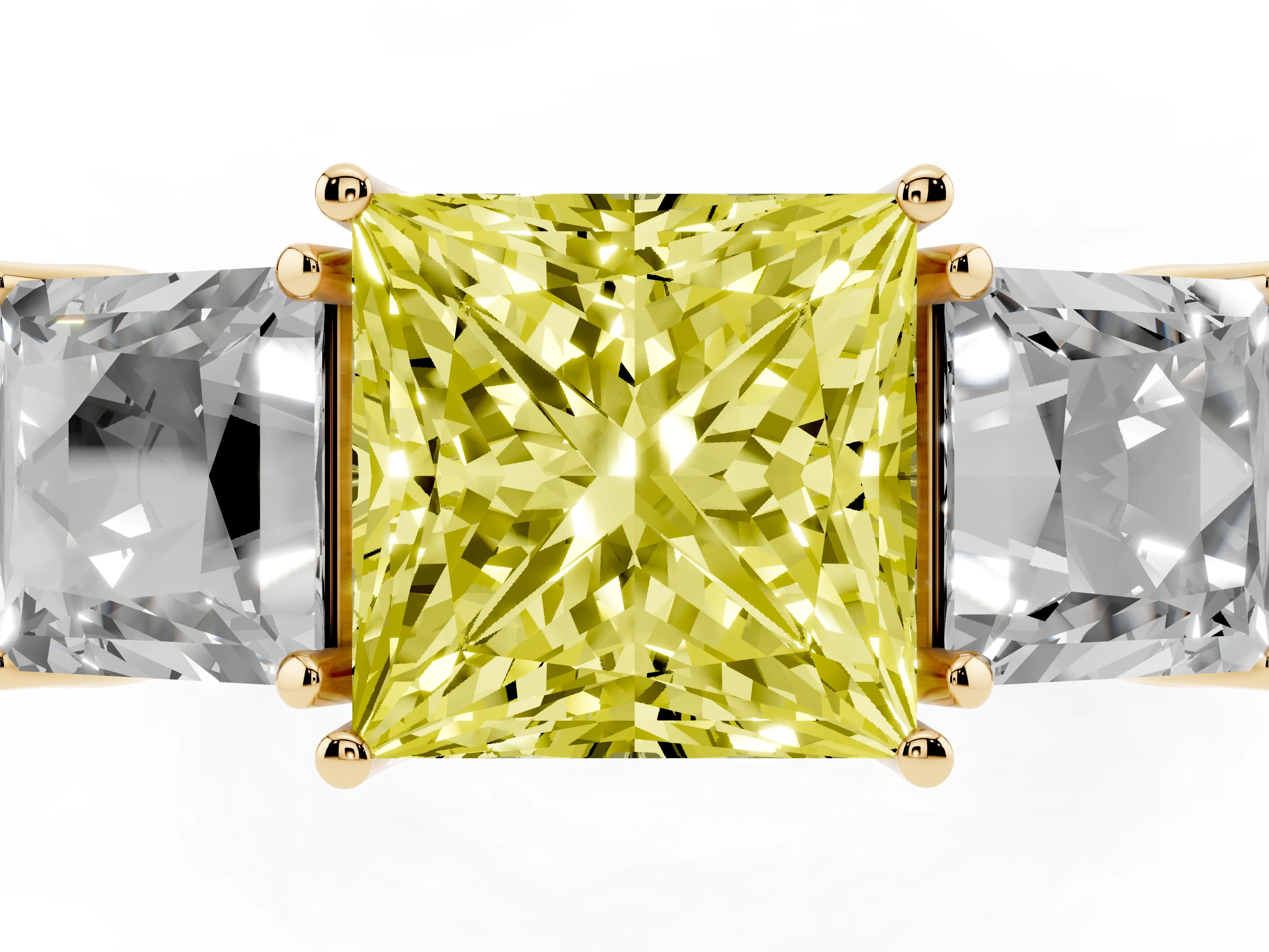 Fancy Yellow Princess Cut Diamond Three-Stone Engagement Ring Set in Yellow gold with Milgrain Pavé Band