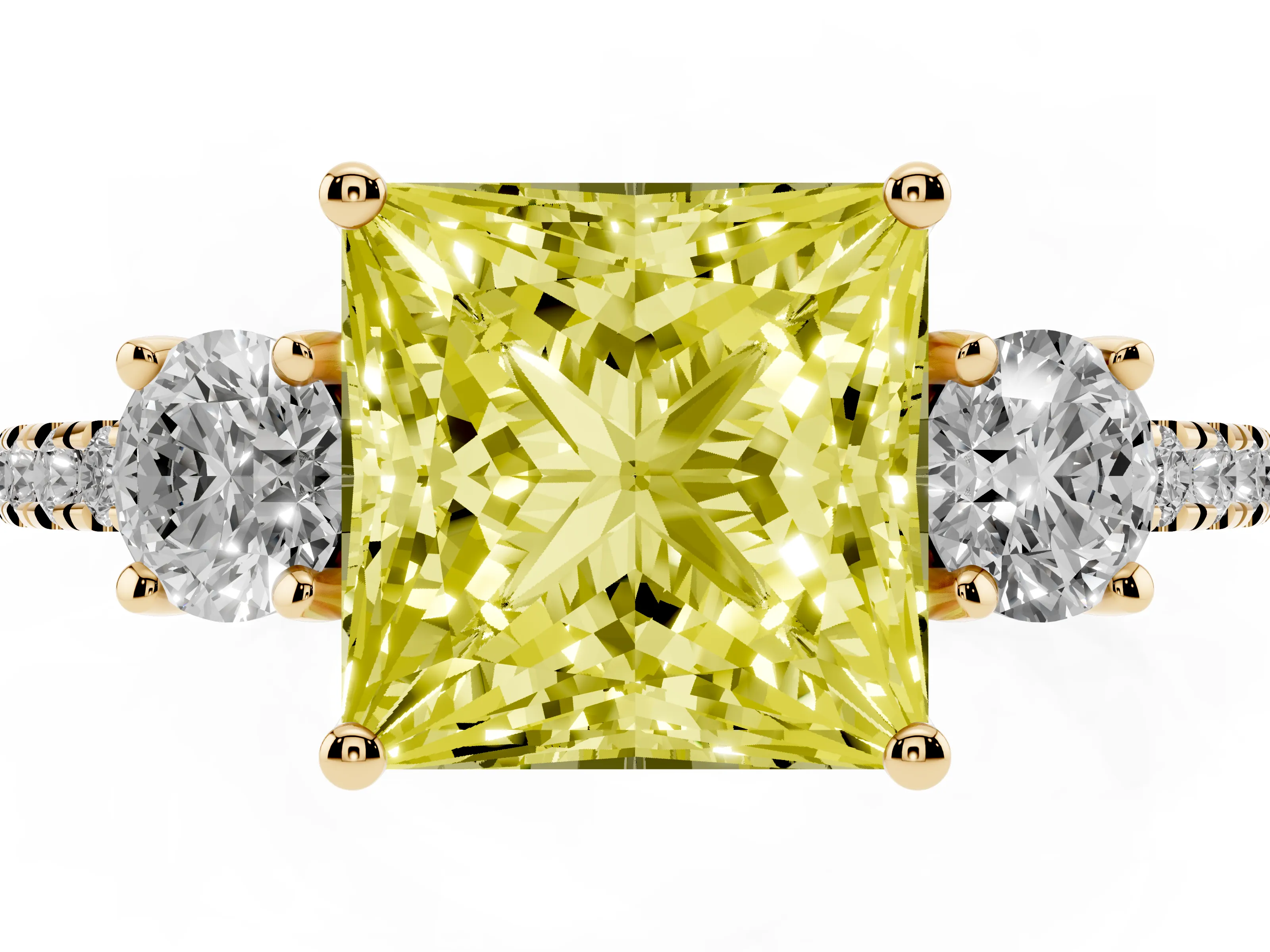 Fancy Yellow Princess Cut Diamond Three-Stone Ring Set in Yellow gold with Pavé Band and Graduated Sides