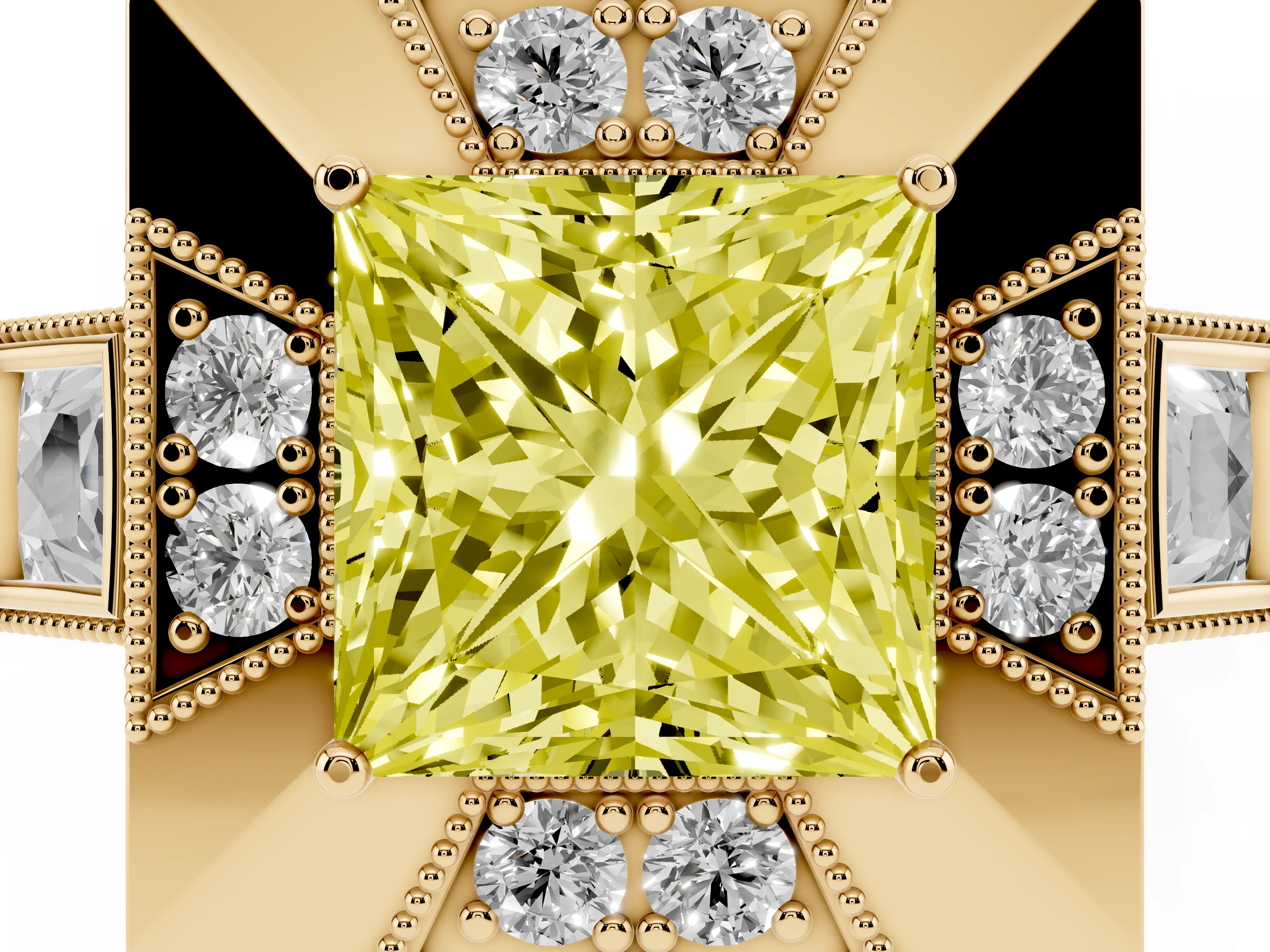 Fancy Yellow Princess Cut Diamond Milgrain Halo Ring Set in Yellow gold with Split Shank