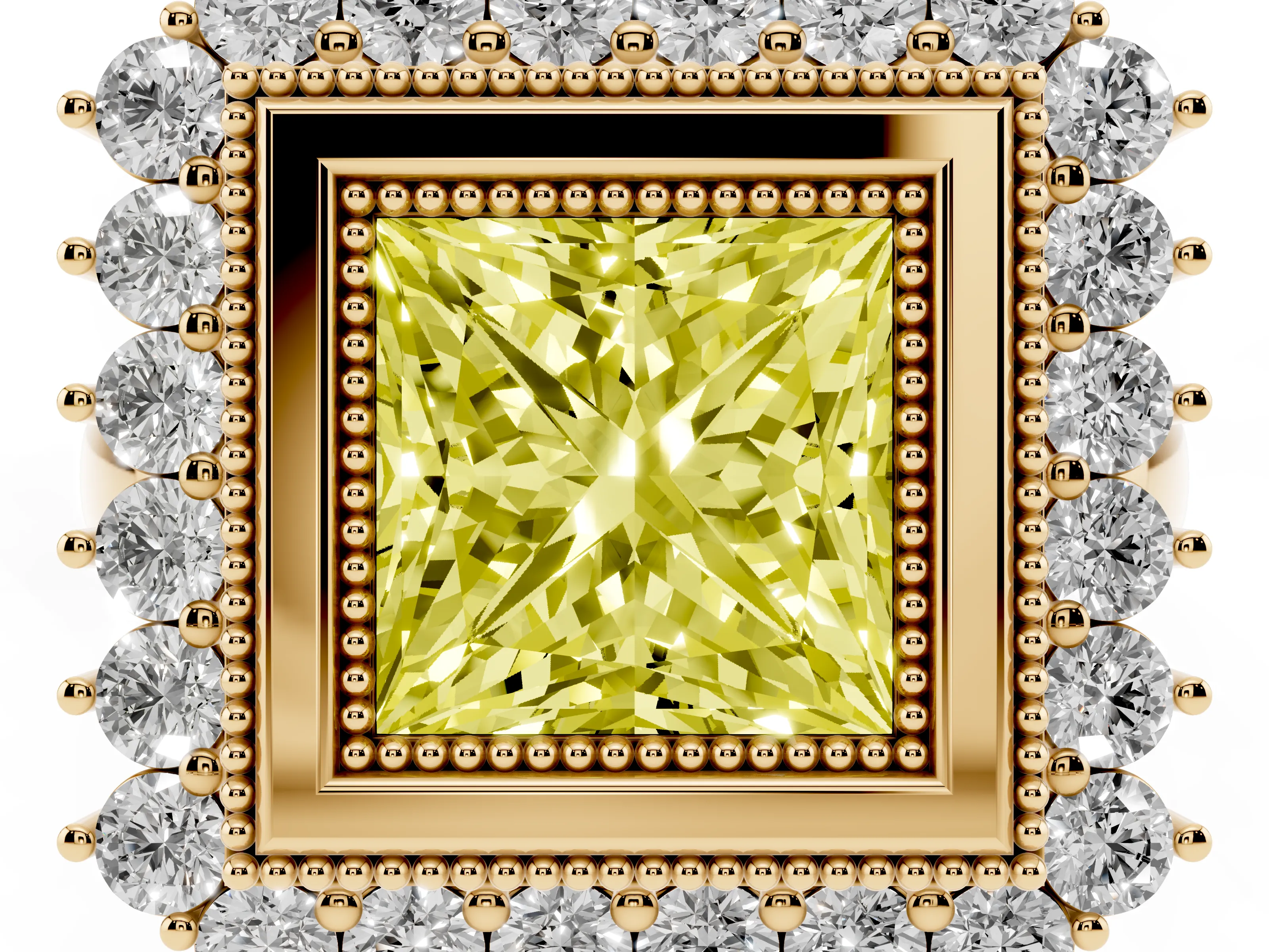 Fancy Yellow Princess Cut Diamond Halo Ring Set in Yellow gold with Milgrain Edge and Round Prong Setting