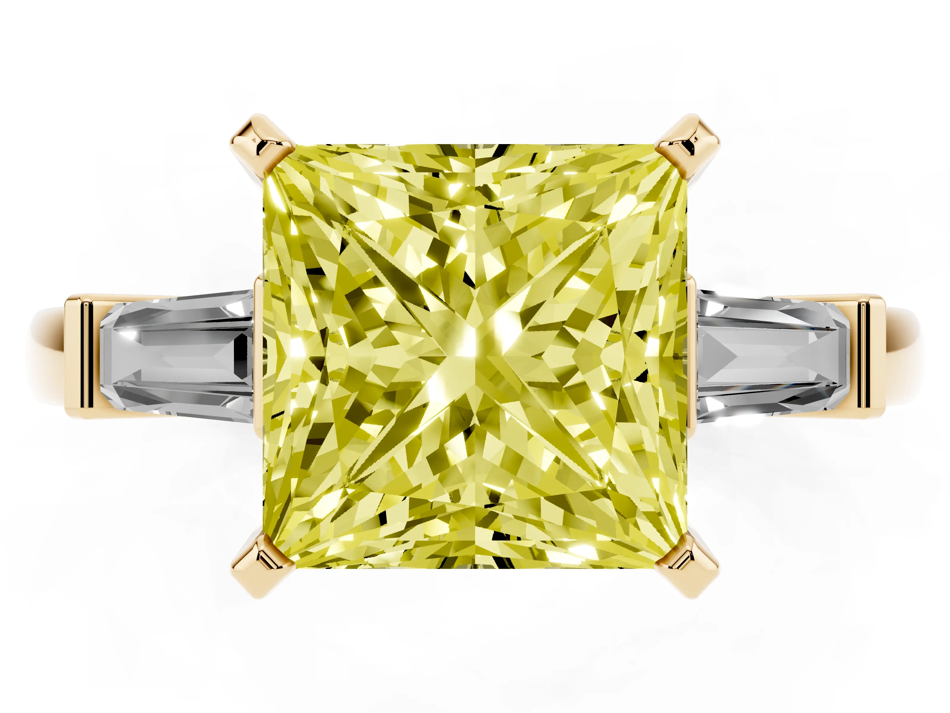 Fancy Yellow Princess Cut Diamond Solitaire Ring Set in Yellow gold with Tapered Baguette Accents and Prong Setting