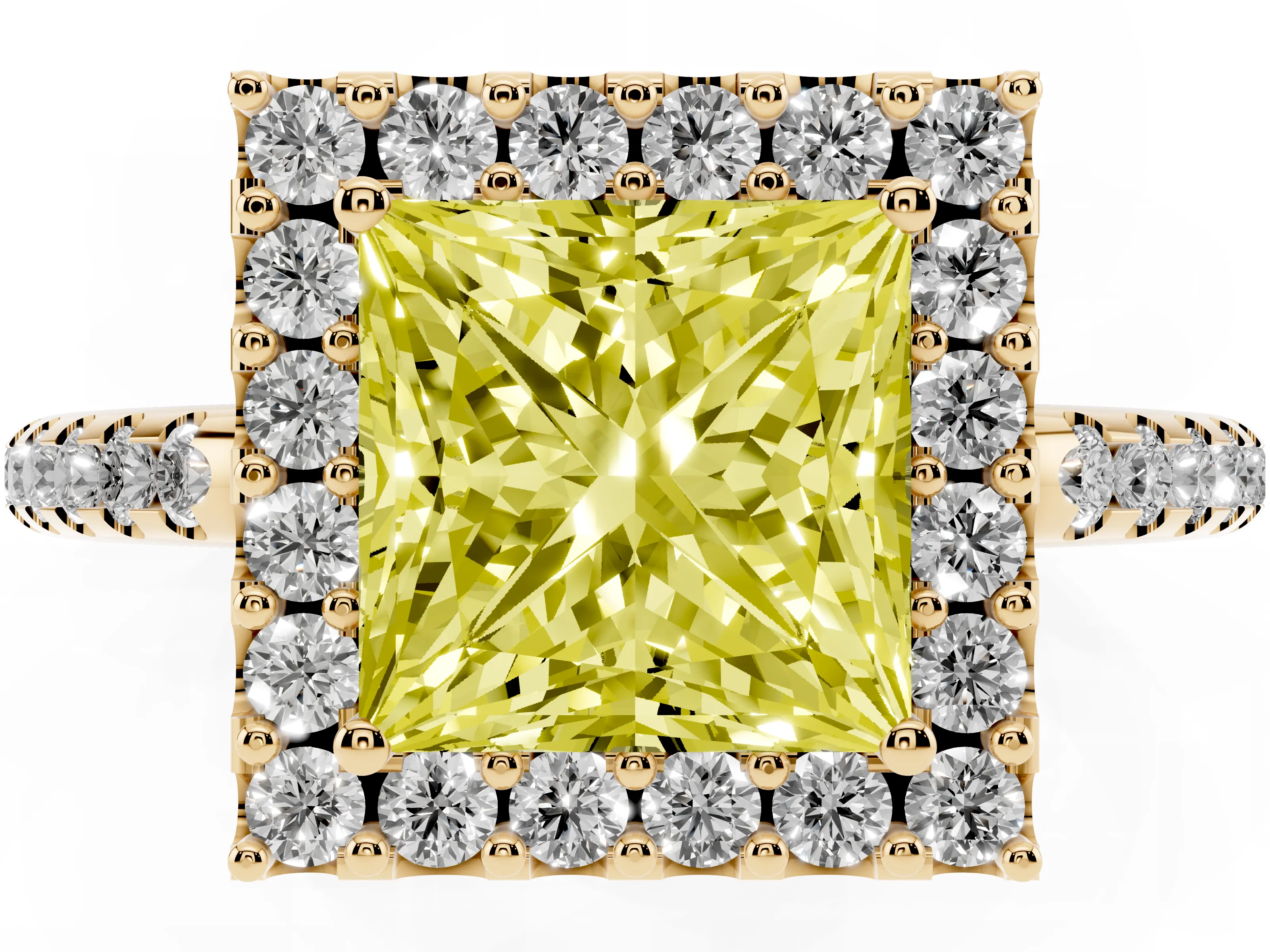 Fancy Yellow Princess Cut Diamond Pavé Halo Ring Set in Yellow gold with Prong Setting
