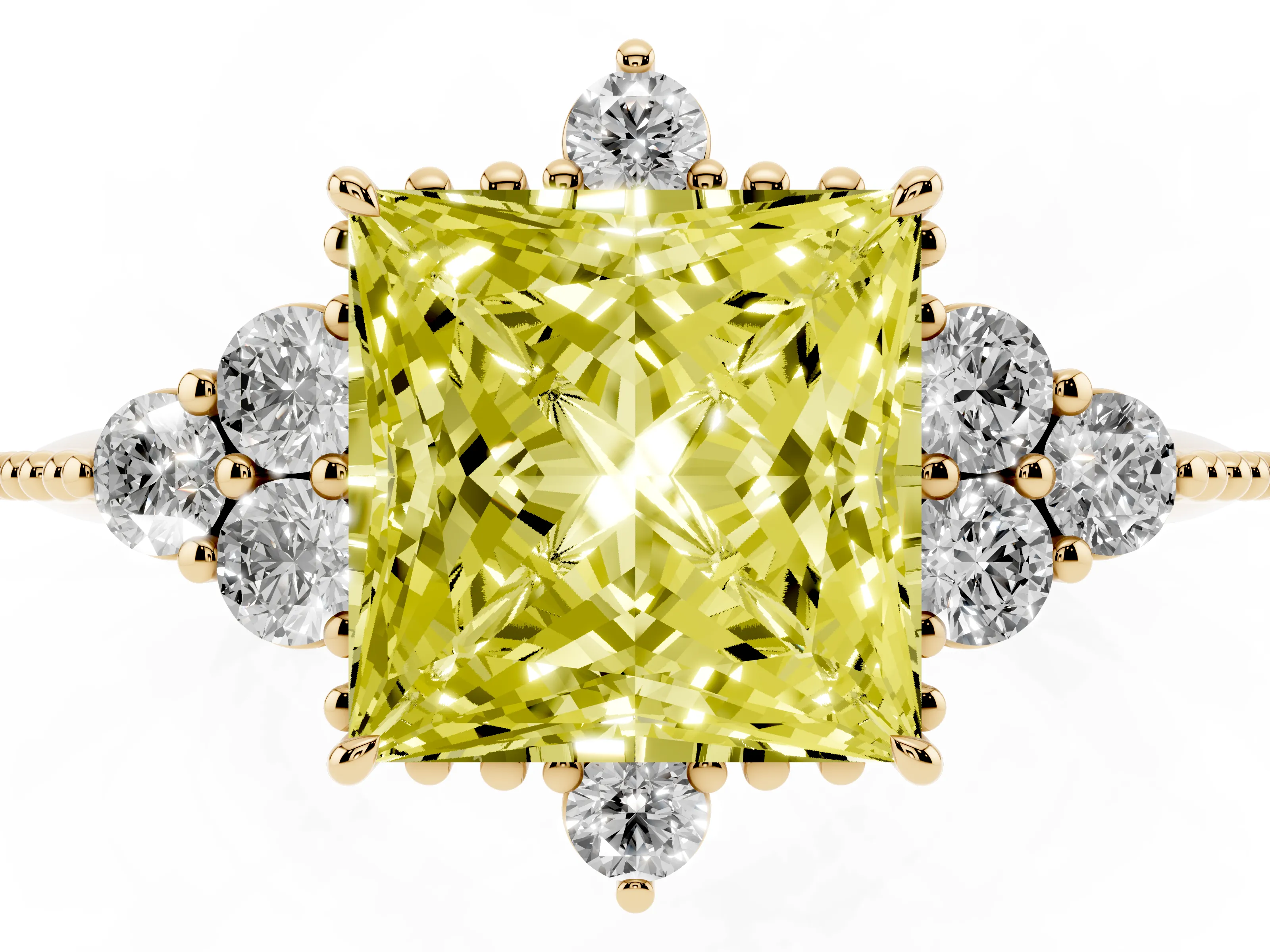 Fancy Yellow Princess Cut Diamond Cluster Ring Set in Yellow gold with Beaded Band