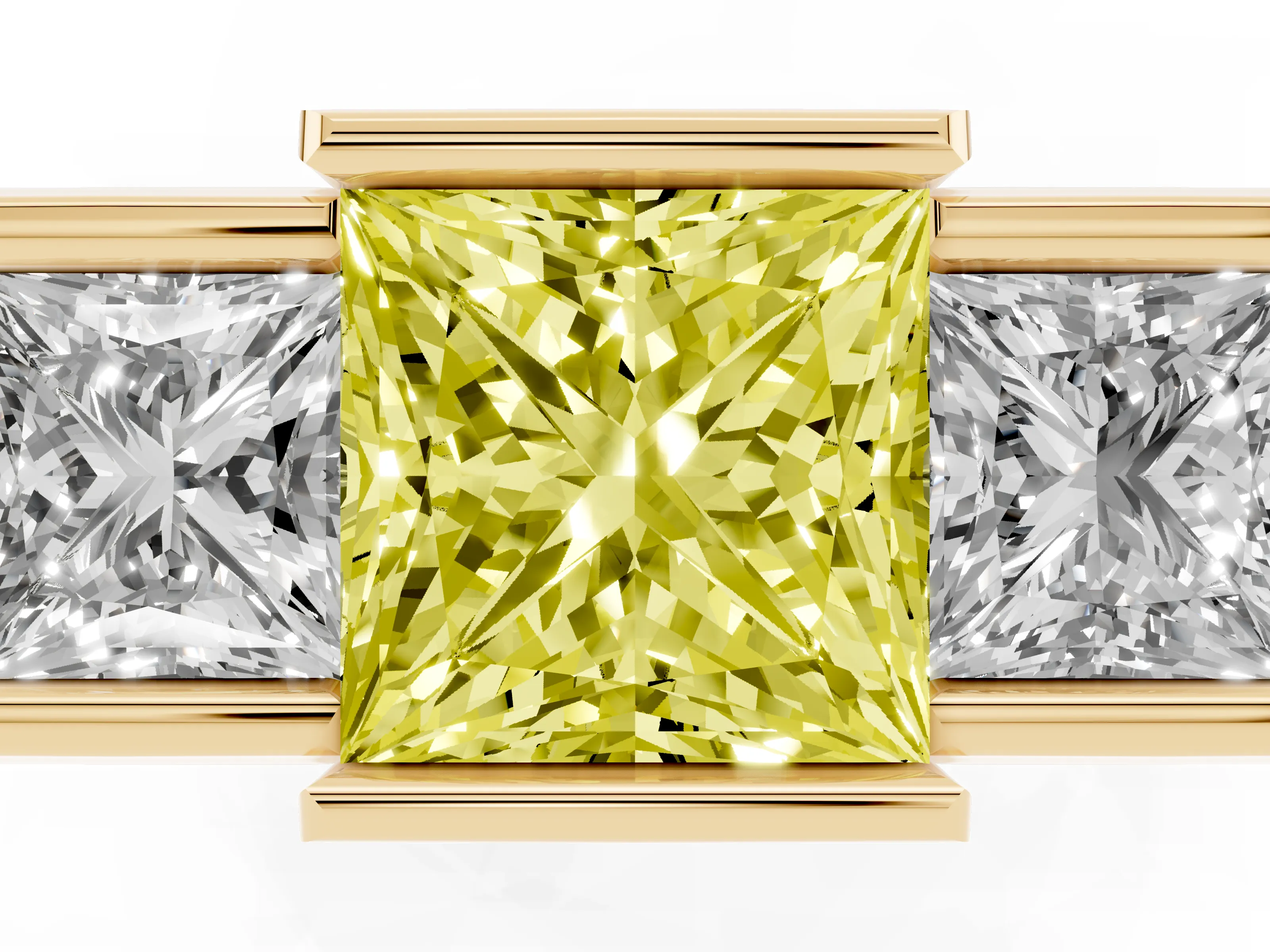 Fancy Yellow Princess Cut Diamond Three-Stone Channel Set Ring Set in Yellow gold with Smooth Polished Band