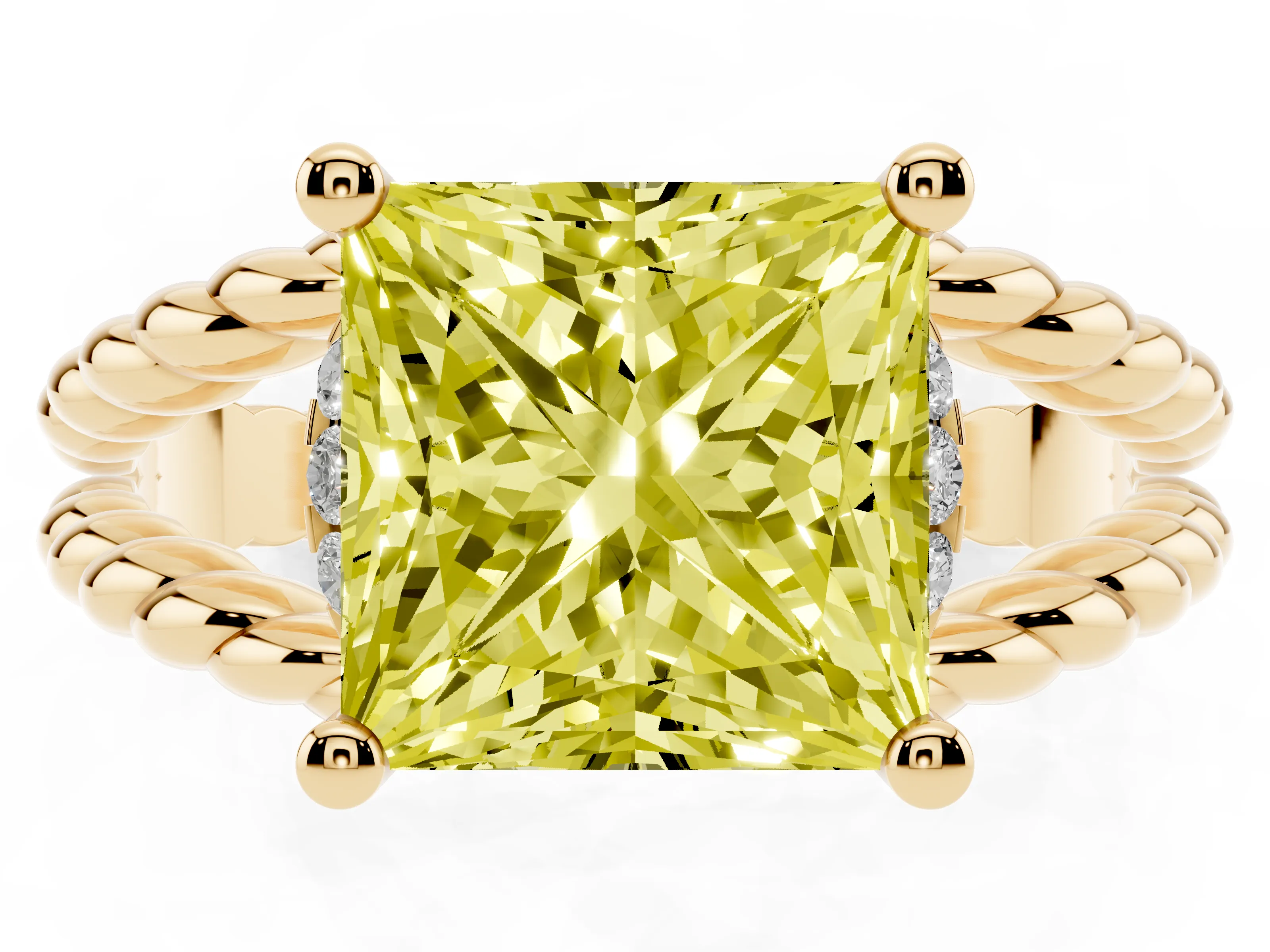 Fancy Yellow Princess Cut Diamond Halo Ring Set in Yellow gold with Twisted Band and Prong Setting