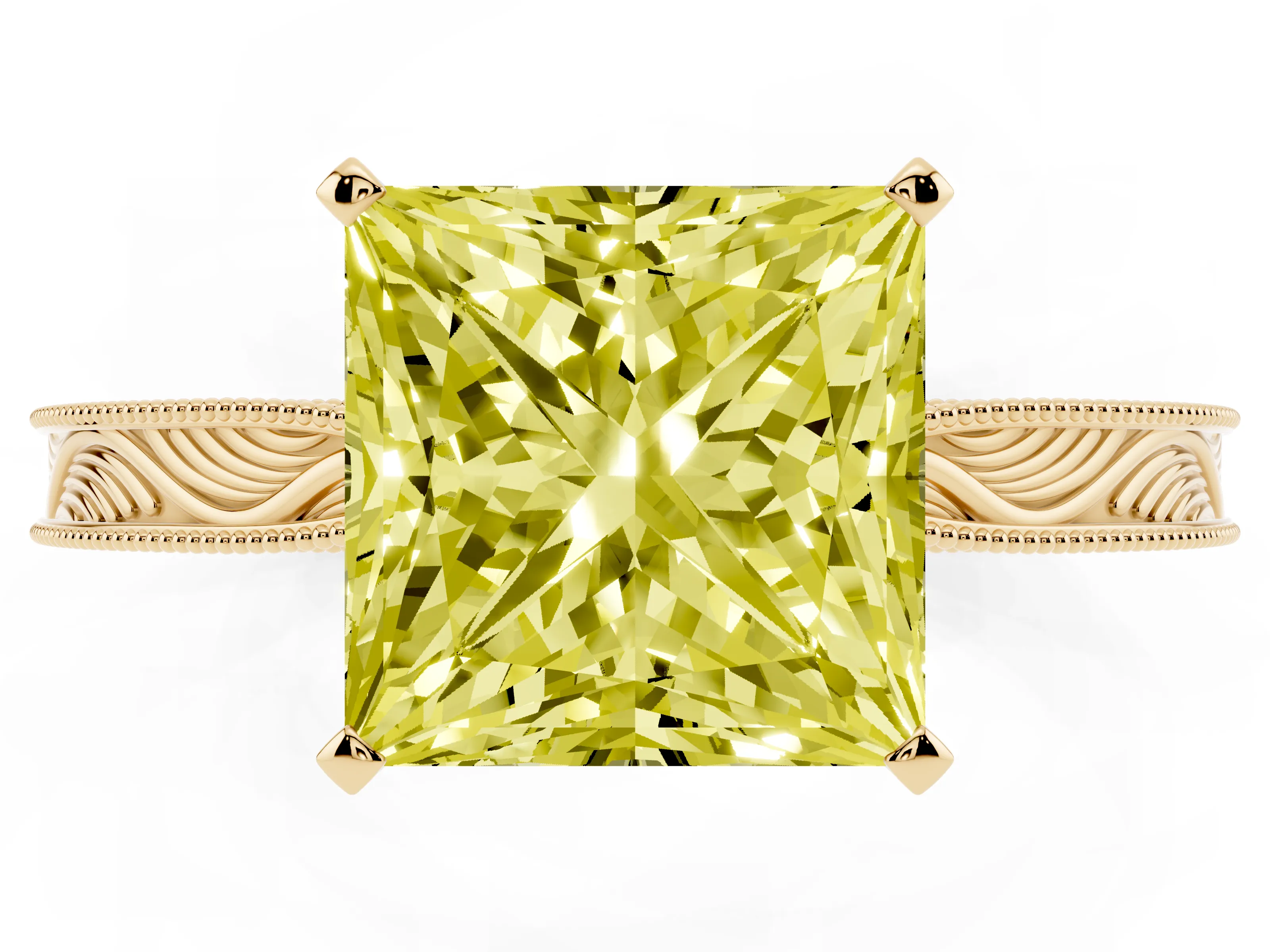 Fancy Yellow Princess Cut Diamond Solitaire Milgrain Engraved Band Set in Yellow gold with Prong Setting