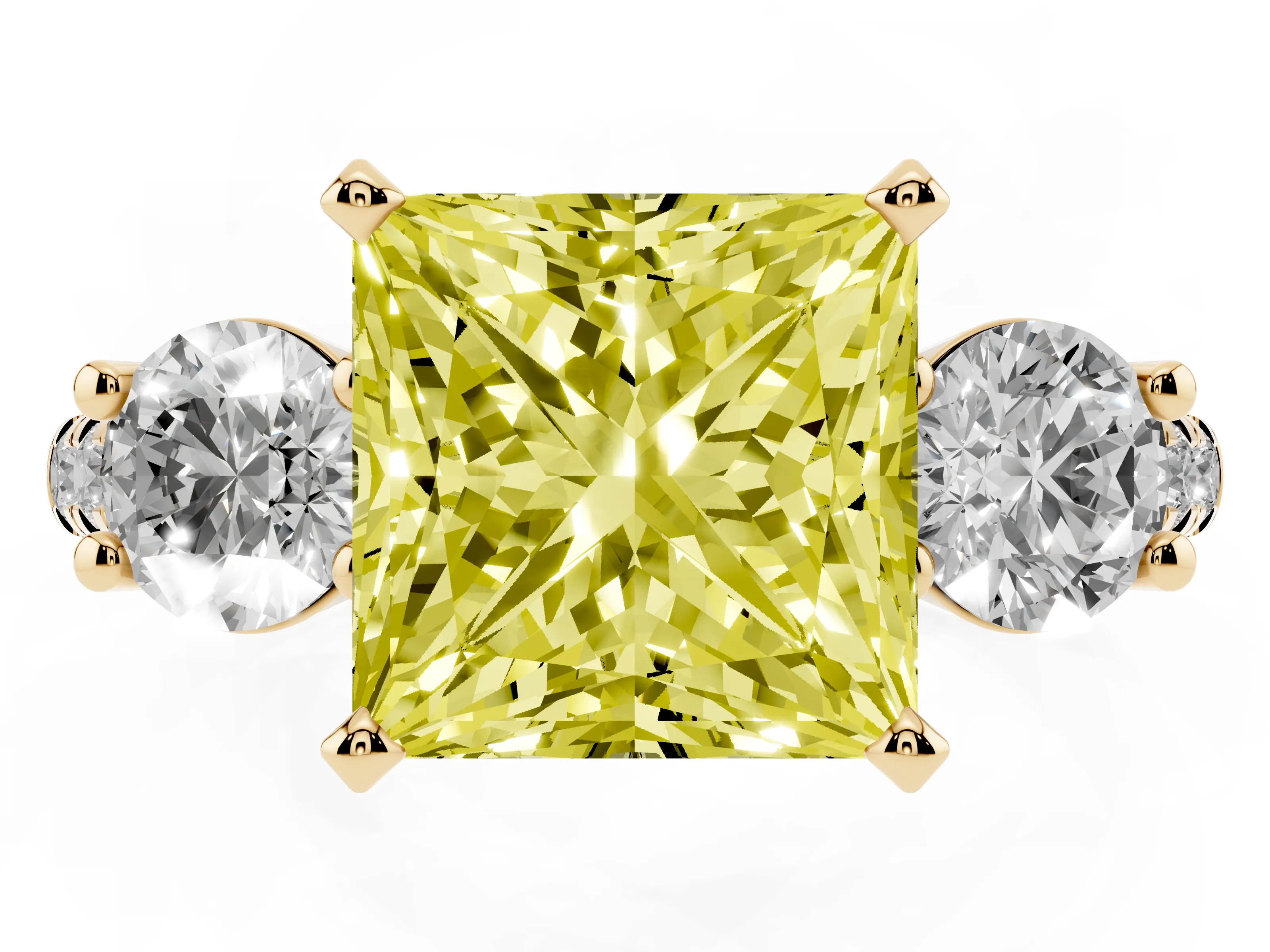 Fancy Yellow Three-Stone Princess Cut Diamond Pavé Band Ring Set in Yellow gold with Prong-Set Trio