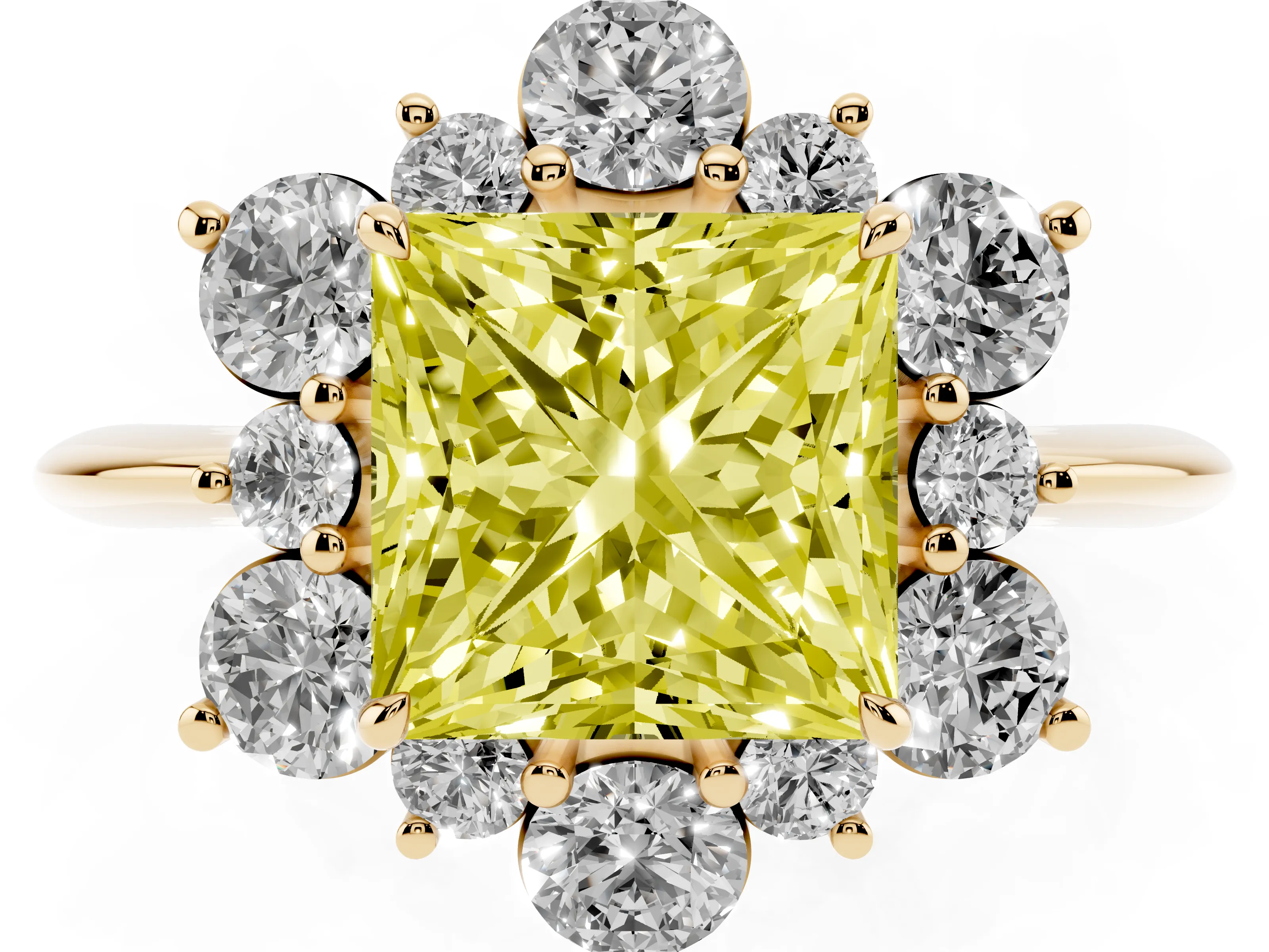 Fancy Yellow Princess Cut Diamond Cluster Halo Ring Set in Yellow gold with Solitaire Band and Prong Setting