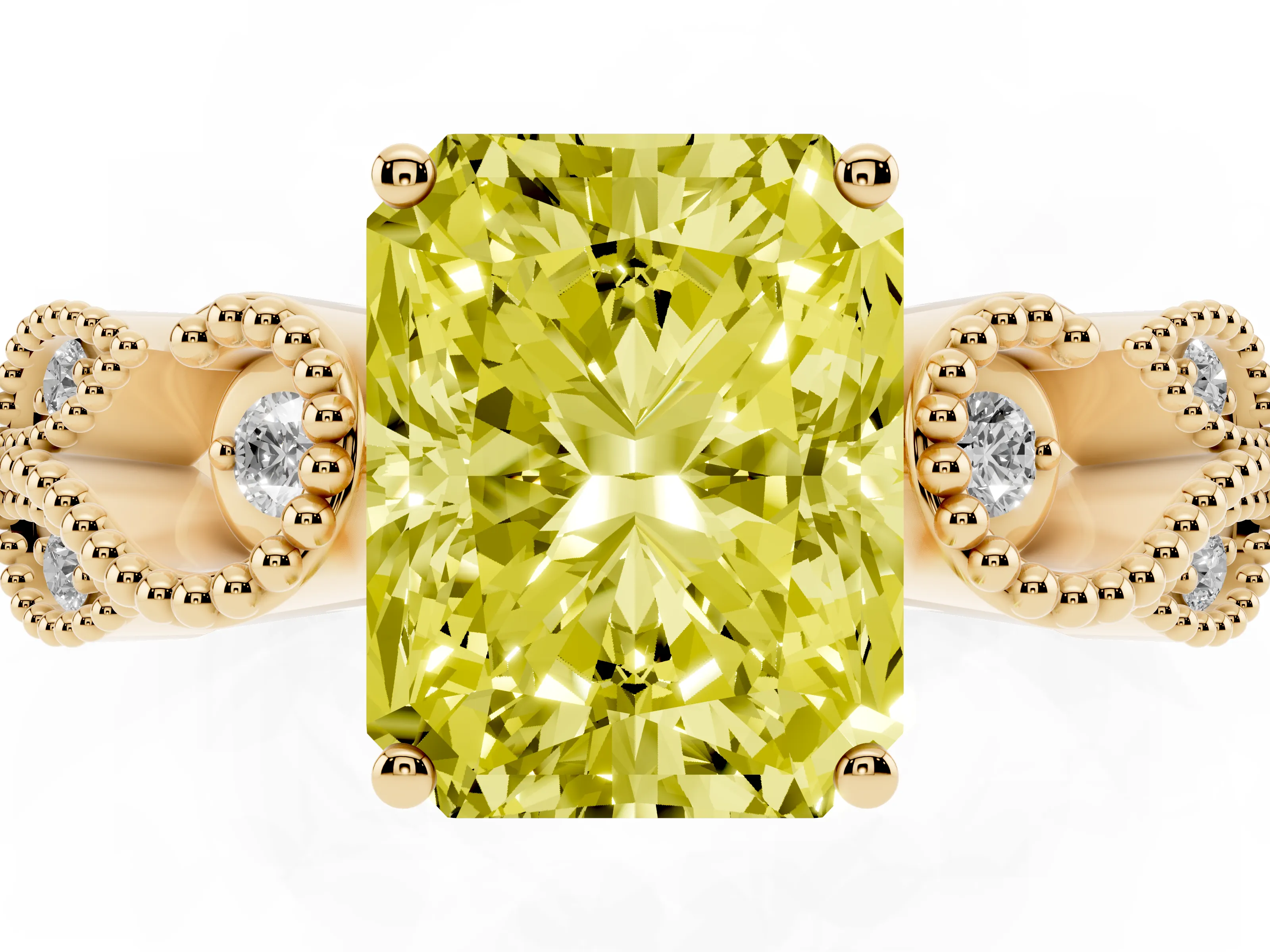 Fancy Yellow Princess Cut Diamond Milgrain Leaf Band Solitaire Ring Set in Yellow gold with Accent Stones and Prong Setting