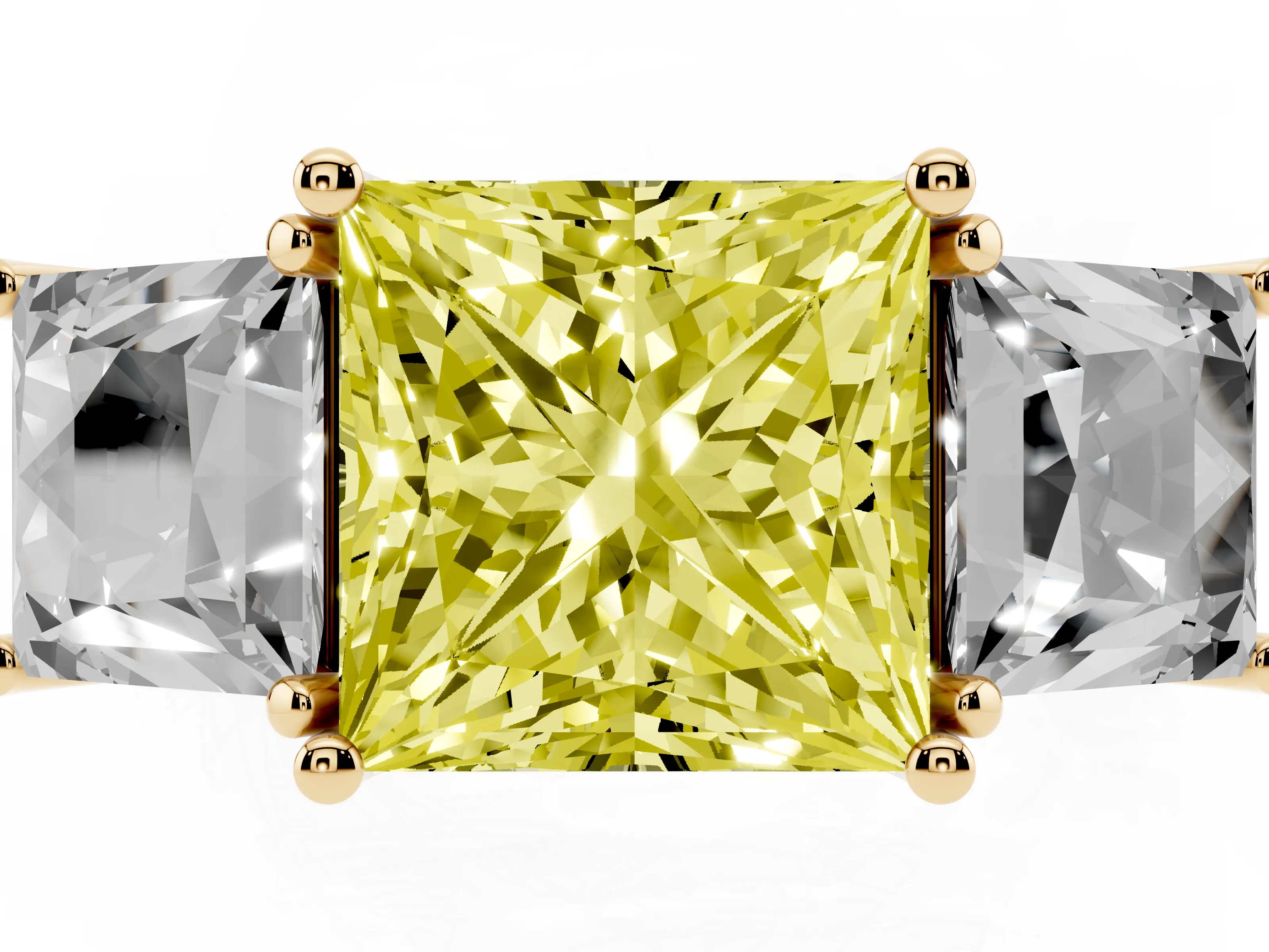 Fancy Yellow Princess Cut Diamond Three-Stone Ring Set in Yellow gold with Pavé Band
