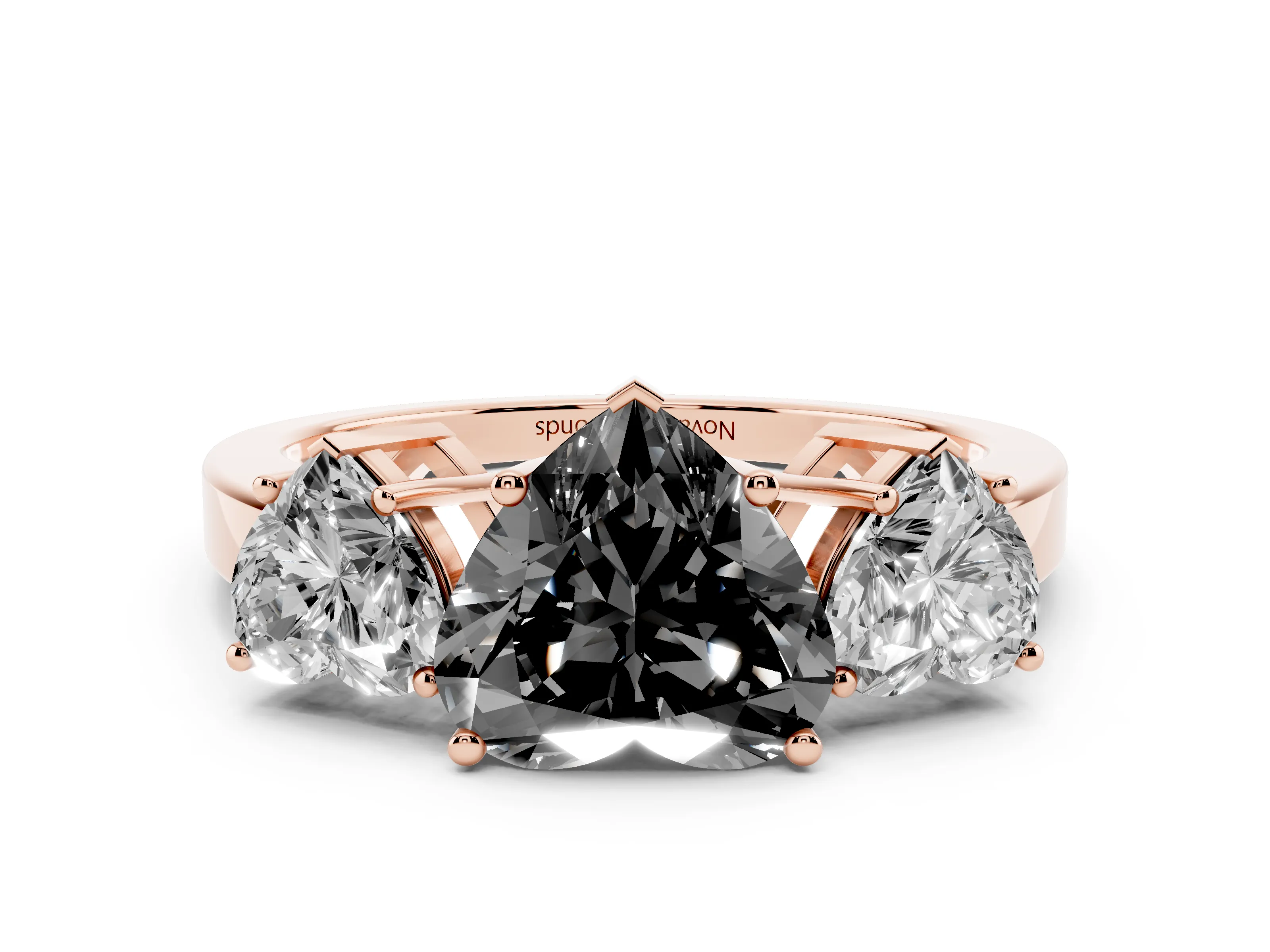 Fancy Black Heart Cut Diamond Three-Stone Engagement Ring Set in Rose gold with Flat Band